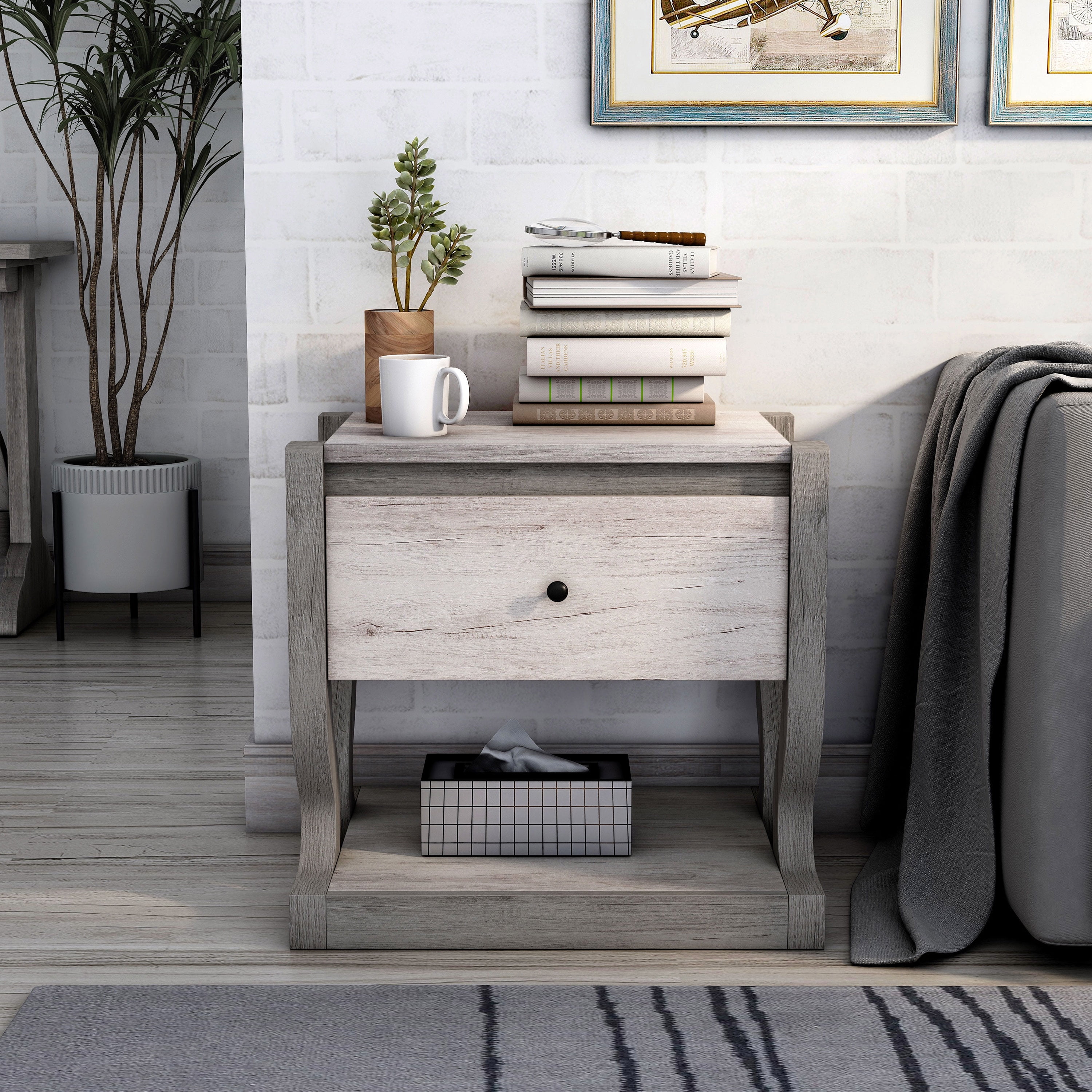 Coastal White Wood Rectangular End Table with Storage Drawer