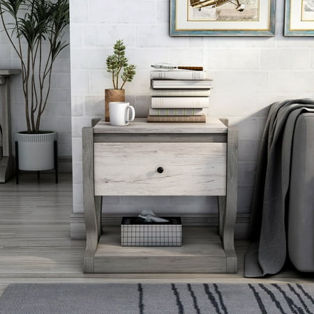 Mit Indoor 1-Drawer and 1-Shelf Wood Coastal White End Table for Living Room