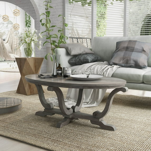 Furniture of America Draste Oval Wood Indoor Coffee Table, Vintage Gray Oak