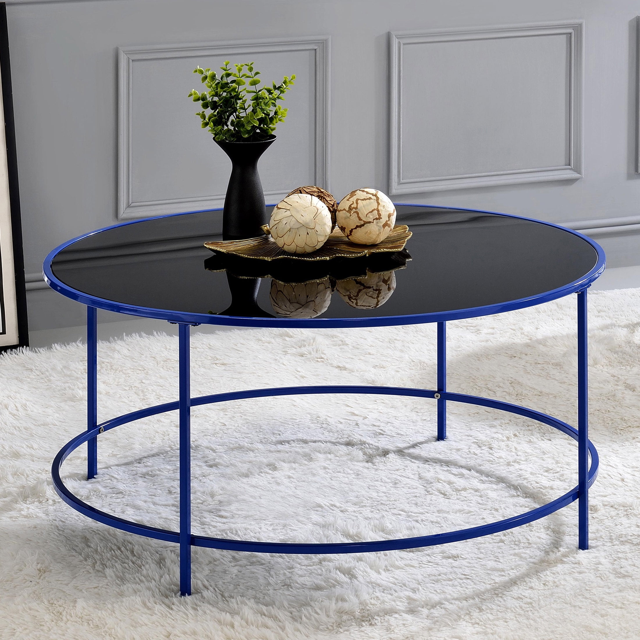 Furniture of America Drumm Contemporary Round Glass Top Coffee Table, Blue