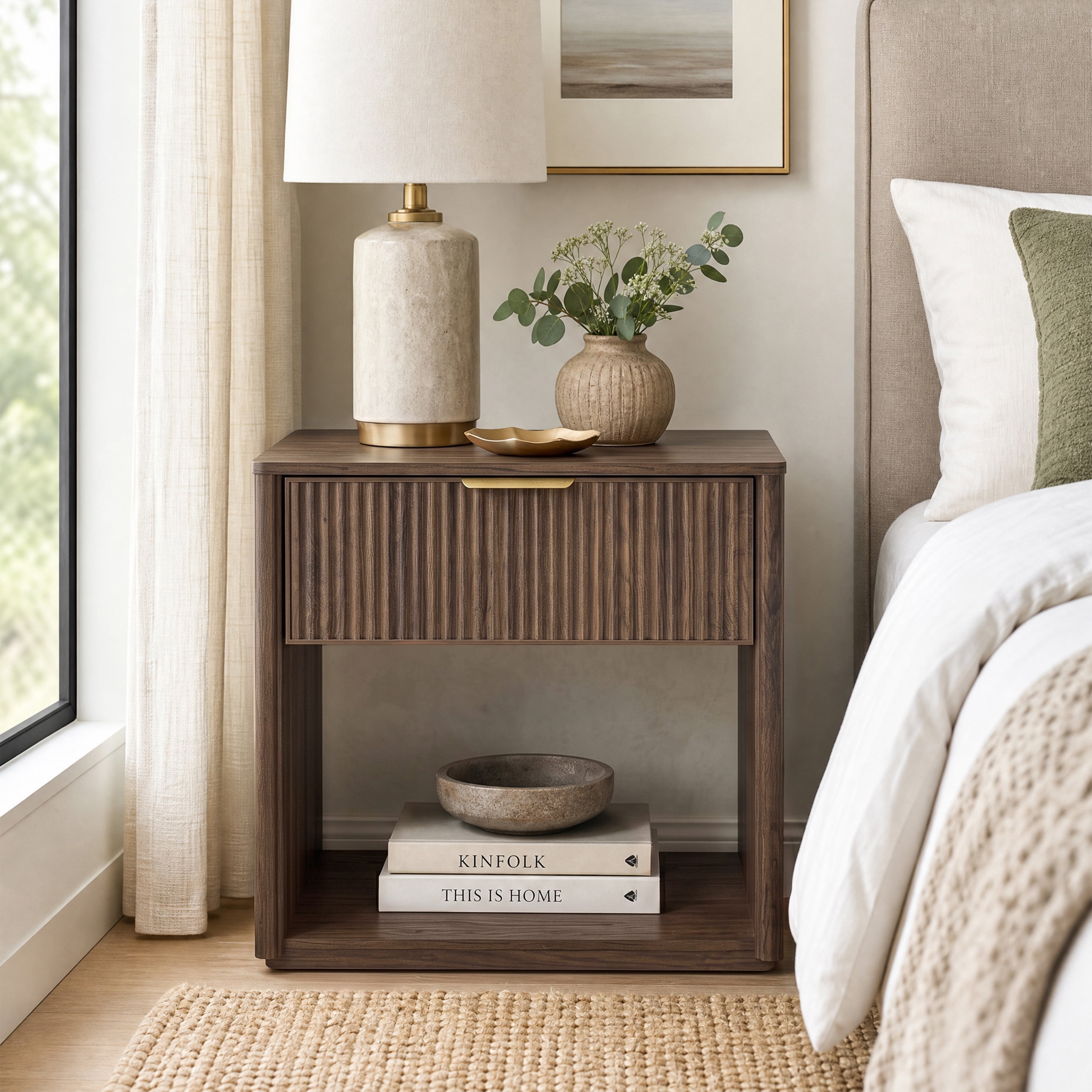 Furniture of America Elarin Modern Wood 1-Drawer Nightstand with Open Bottom Shelf, Walnut