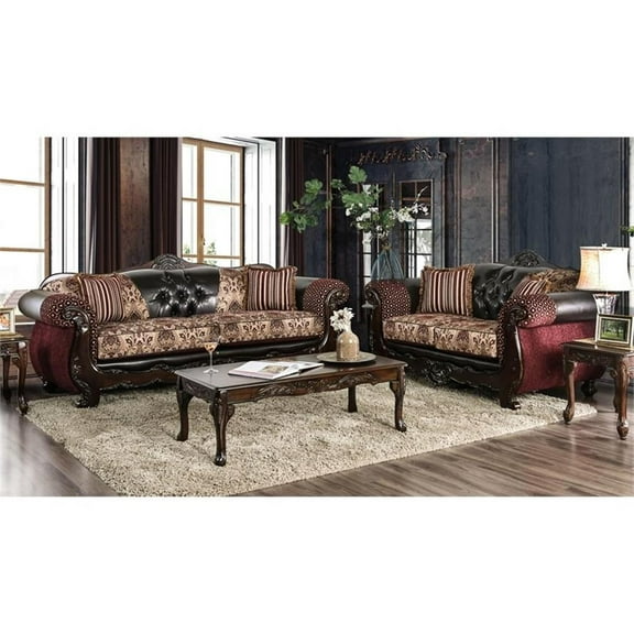 Furniture of America Eli Faux Leather 2-Piece Sofa Set in Dark Brown & Burgundy
