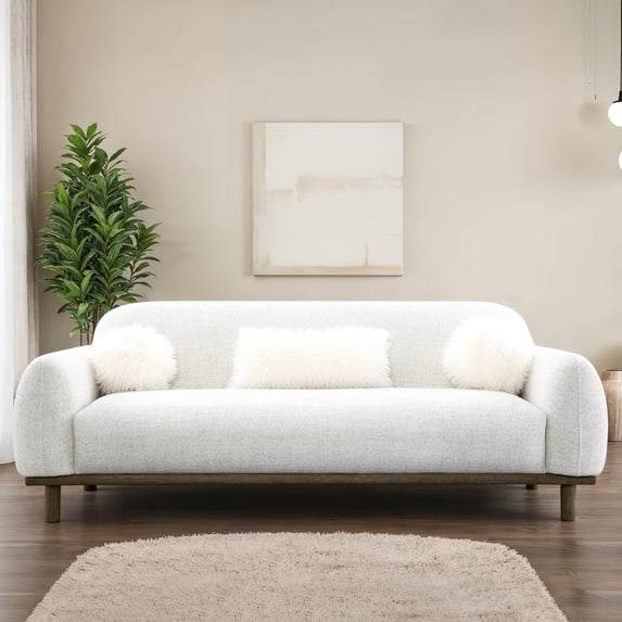 Furniture of America Ellita Mid-Century Modern Chenille OEKO-TEX Certified Sofa with Faux Fur Pillows, Oat