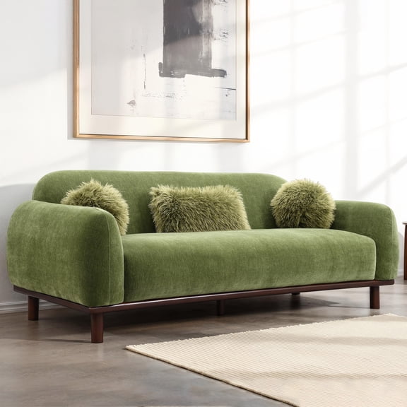 Furniture of America Ellita Mid-Century Modern Chenille OEKO-TEX Certified Sofa with Faux Fur Pillows, Olive Green