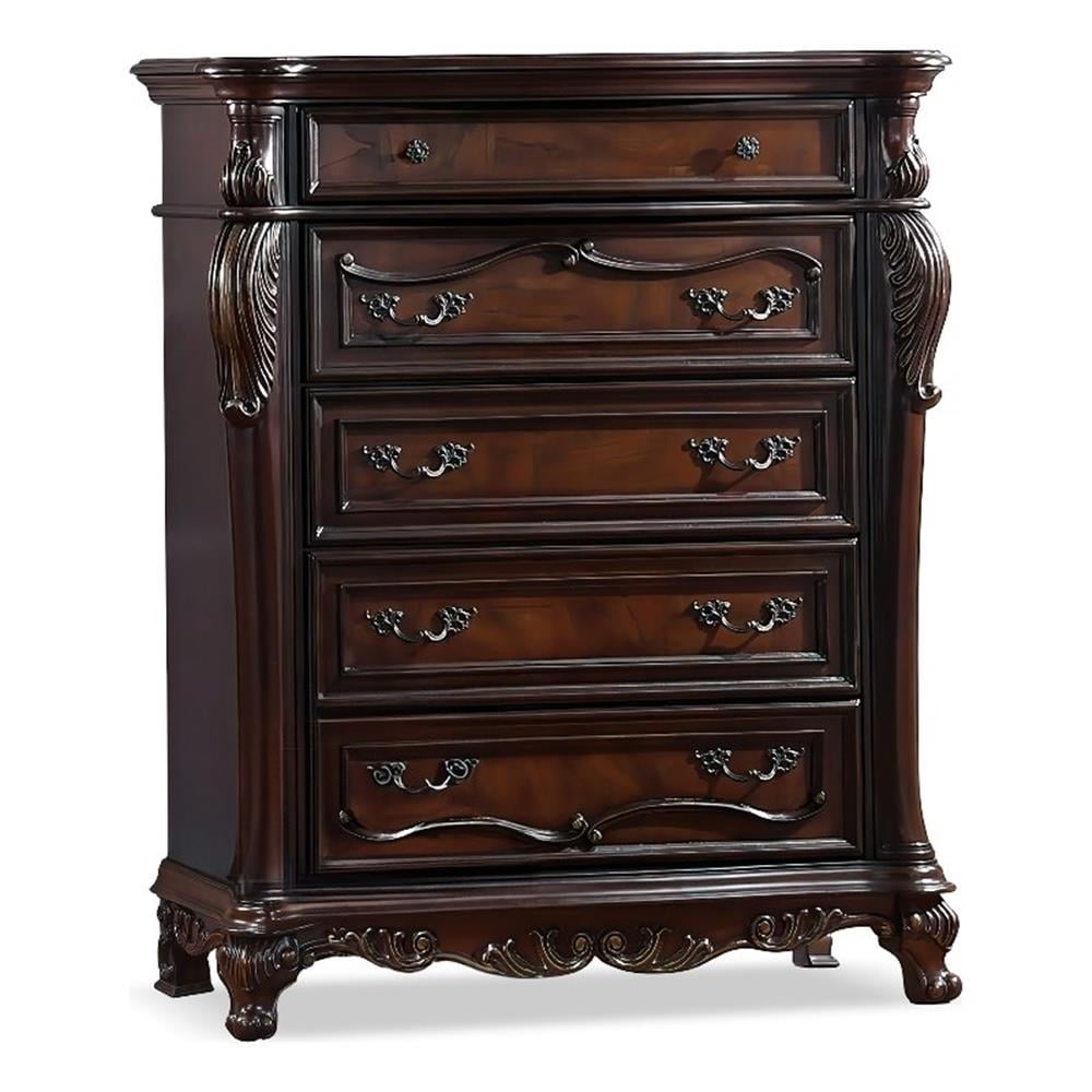 Dark Cherry Solid Wood 5-Drawer Chest with Carved Details