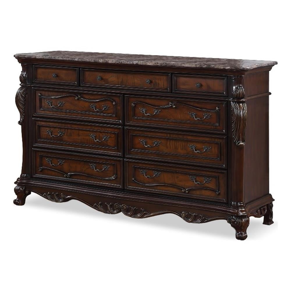Dark Cherry Solid Wood Dresser with Marble Top and Carved Details