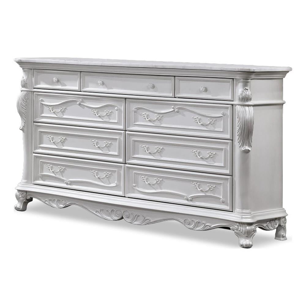 White Ornate Carved Solid Wood Dresser with Mirror