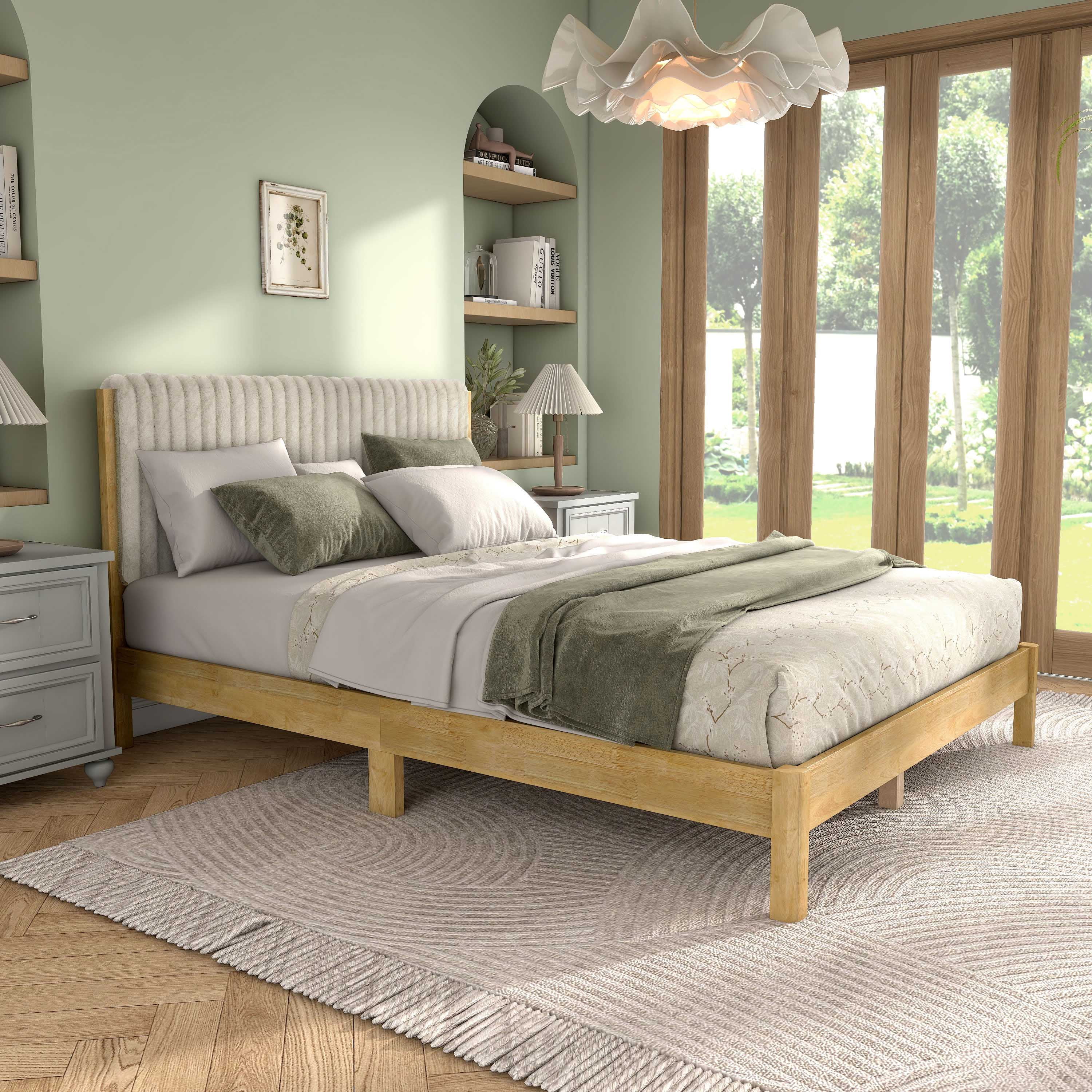 Alder Light Brown Rubberwood Queen Bed with Upholstered Headboard