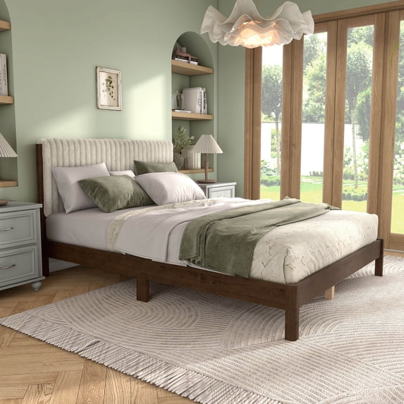 Furniture of America Elra Queen Solid Wood and Boucle Fabric Mattress Ready Bed, Walnut
