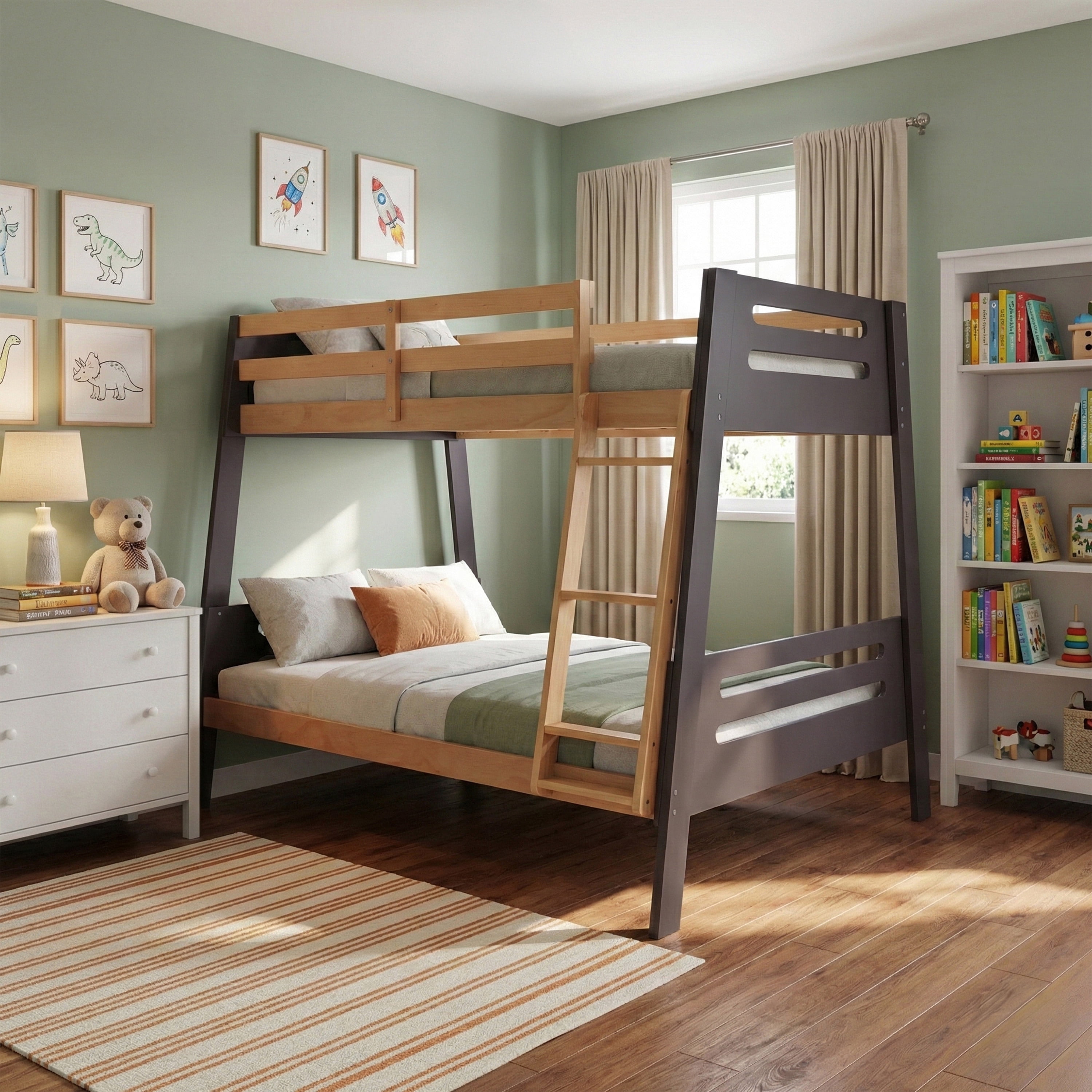 Furniture of America Emmie Kids Solid Wood Twin over Full Bunk Bed with Angled Ladder, Mauve and Oak