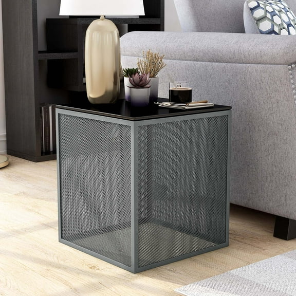 Furniture of America Emree Glass Top Side Table, Gray