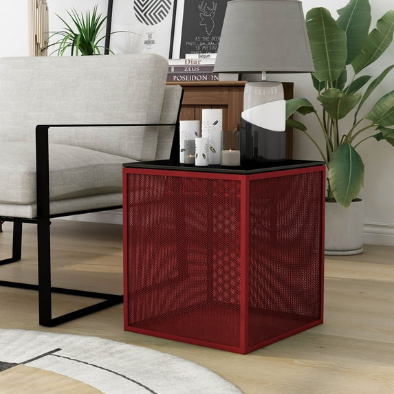 Furniture of America Emree Glass Top Side Table, Red