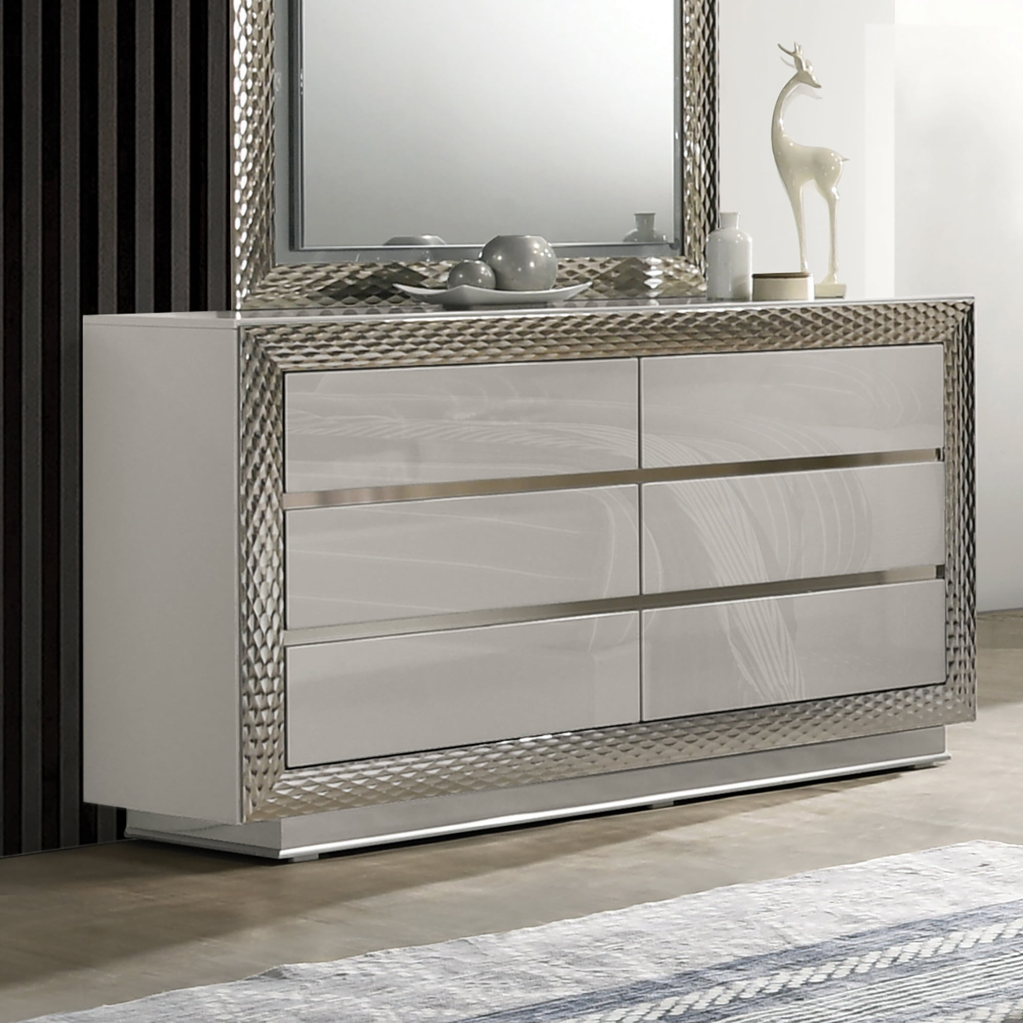 lonnix silver dresser and mirror Furniture of America Andrea Modern 2-Piece White 6-Drawer Dresser and Mirror Set with LED Accent Lighting