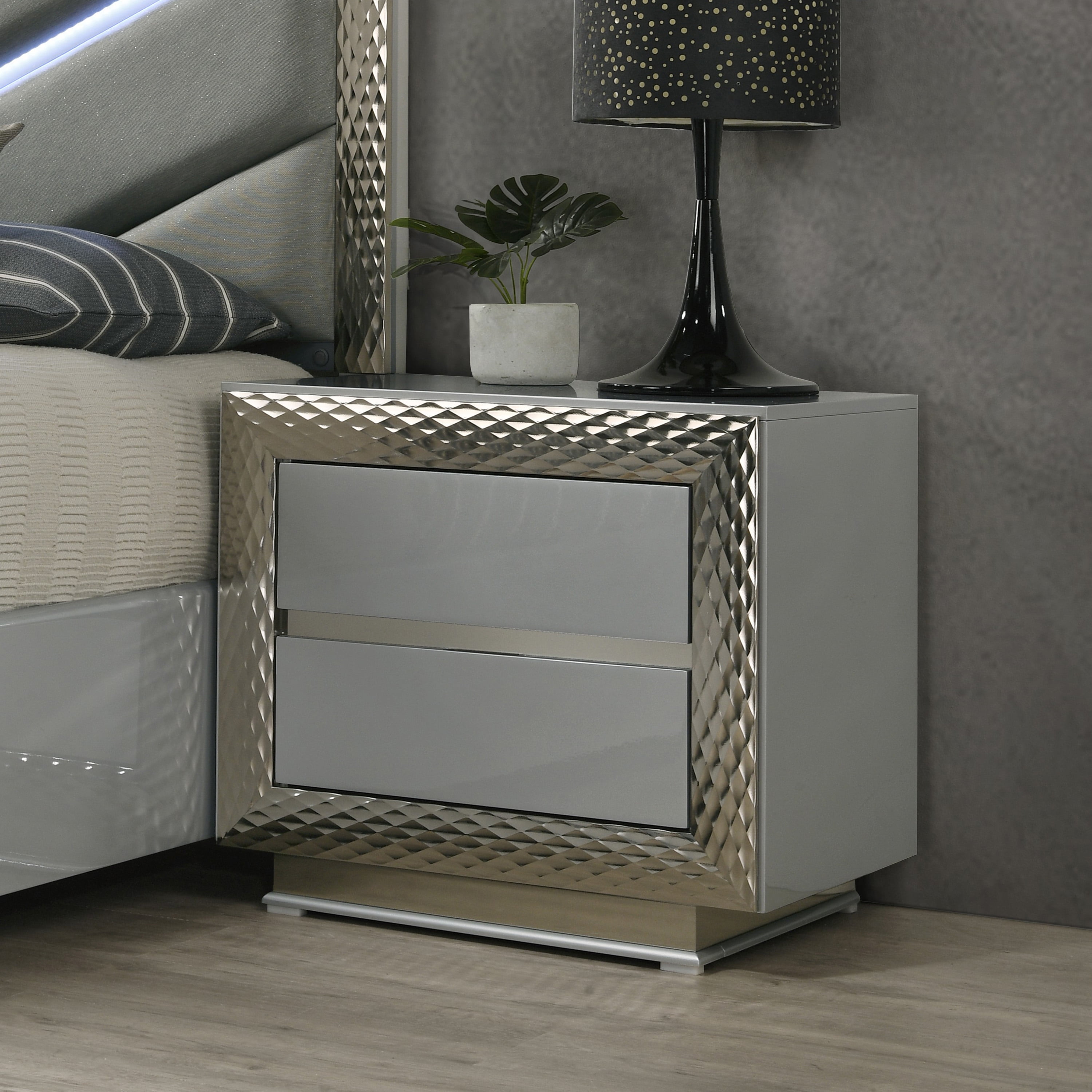 Furniture of America Encina Adult Glam 2-Drawer Nightstand, Gray