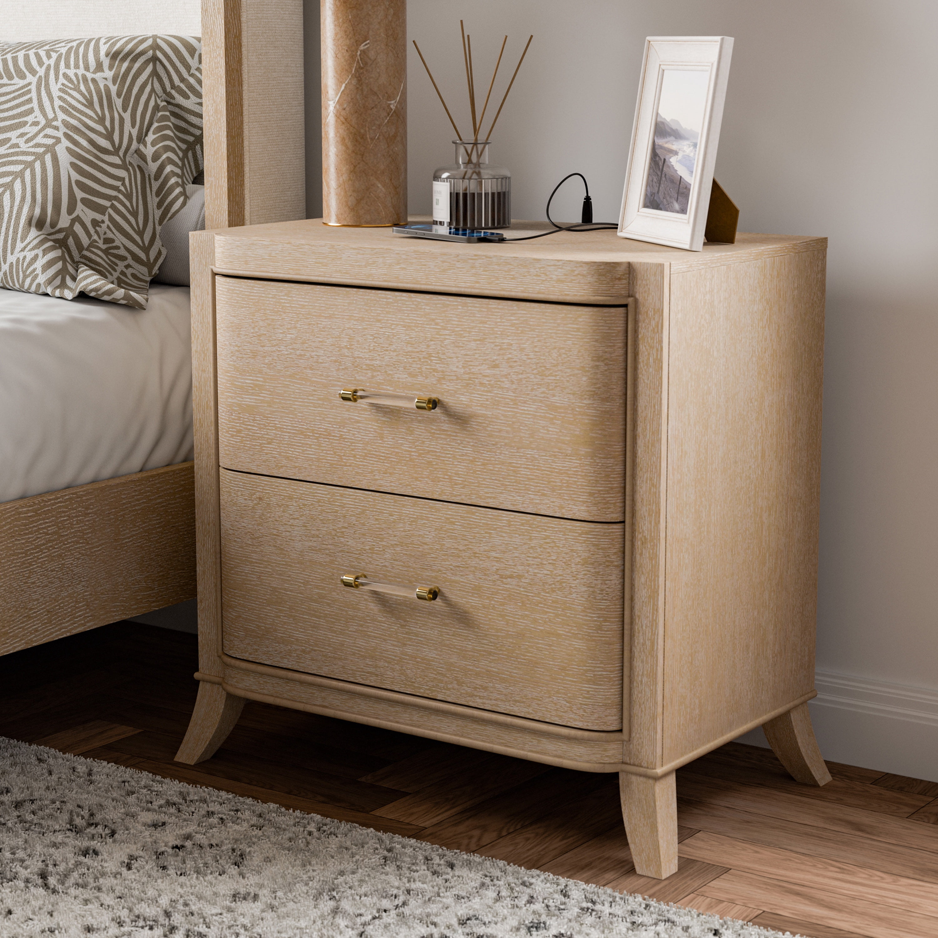 Furniture of America Enmi 2-Drawer Solid Wood Adult Nightstand with USB Port, Natural Oak