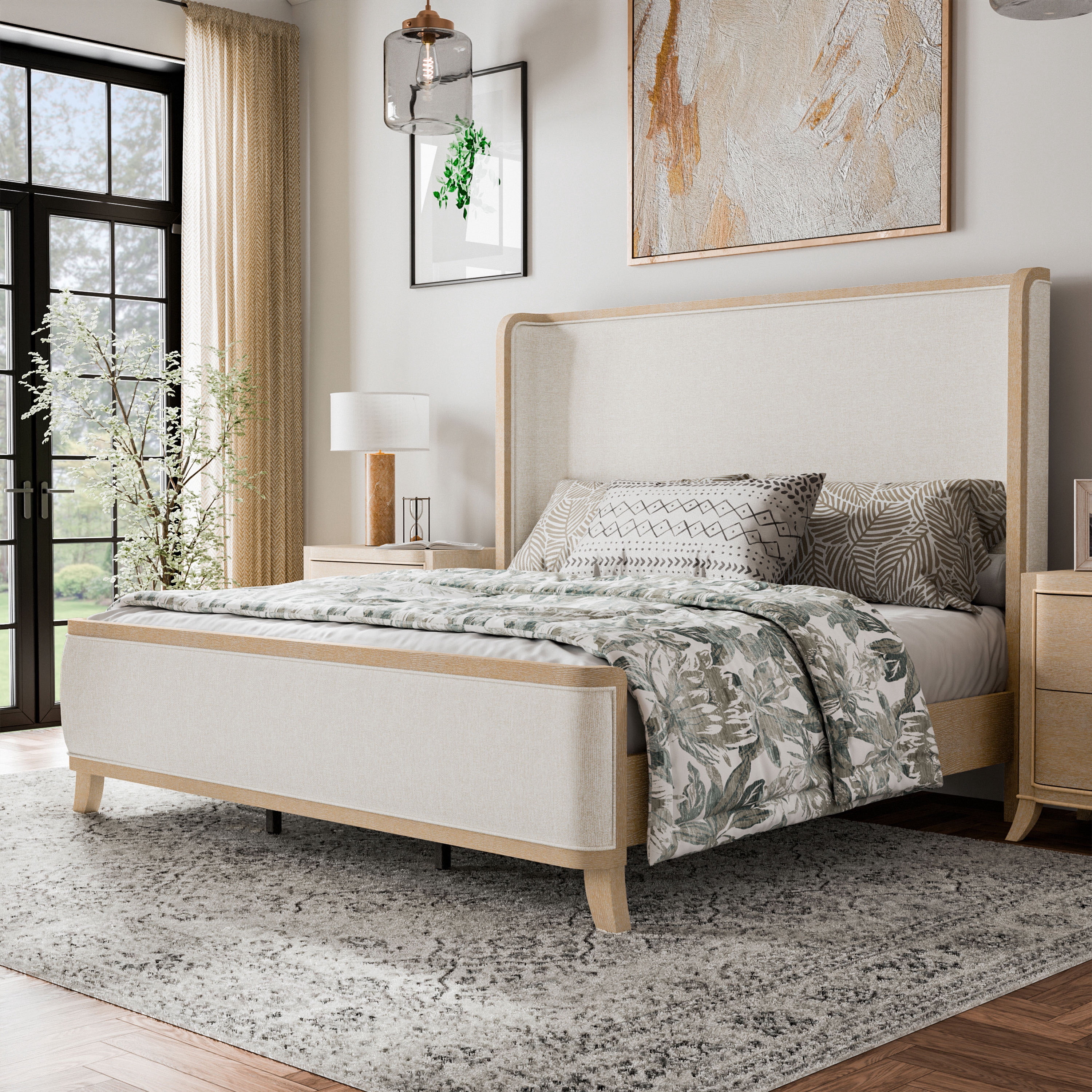 Furniture of America Enmi Solid Wood Wingback Panel Bed, Queen, Natural Oak