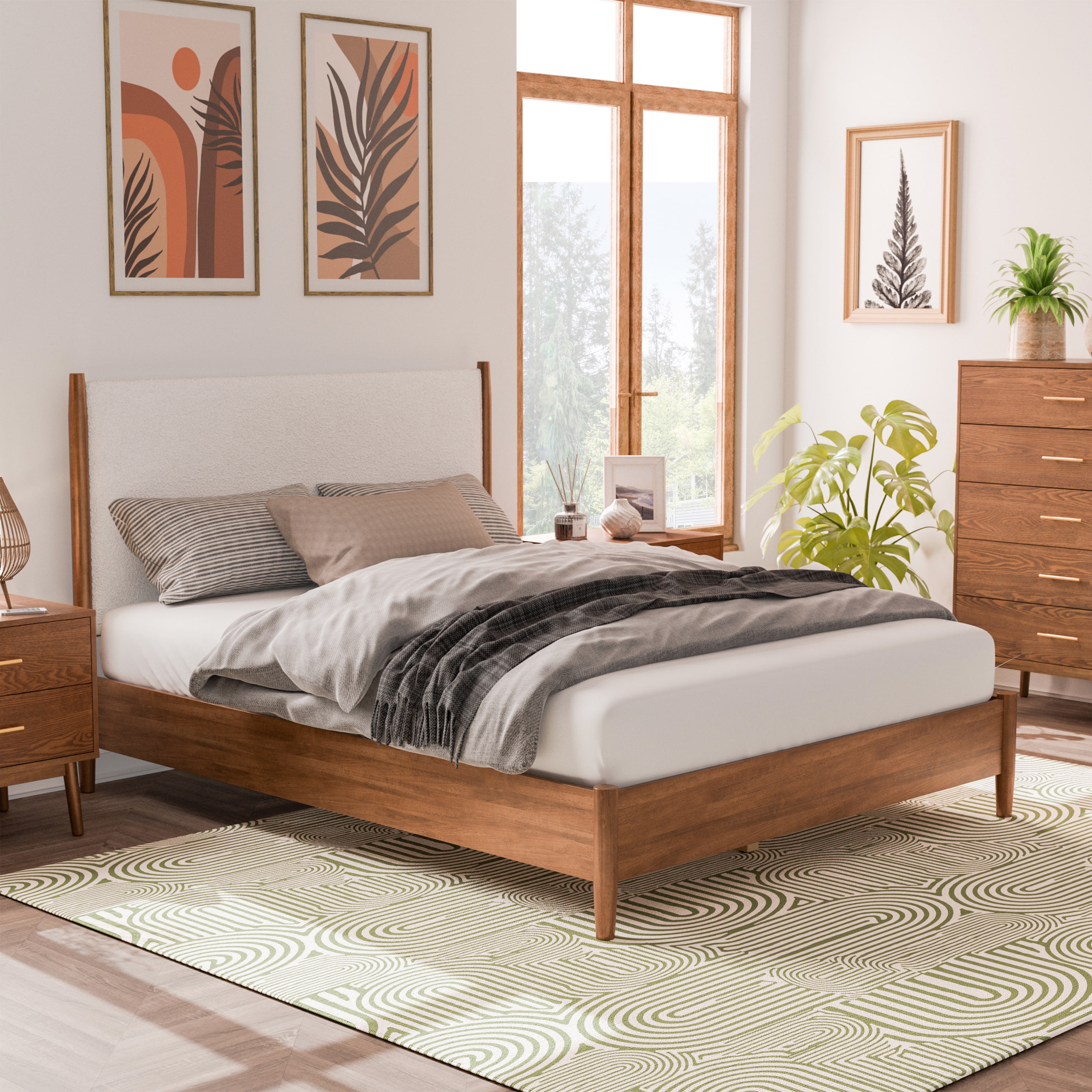 Furniture of America Erik Adult Queen Boucle Fabric and Solid Wood Mattress Ready Bed, Walnut