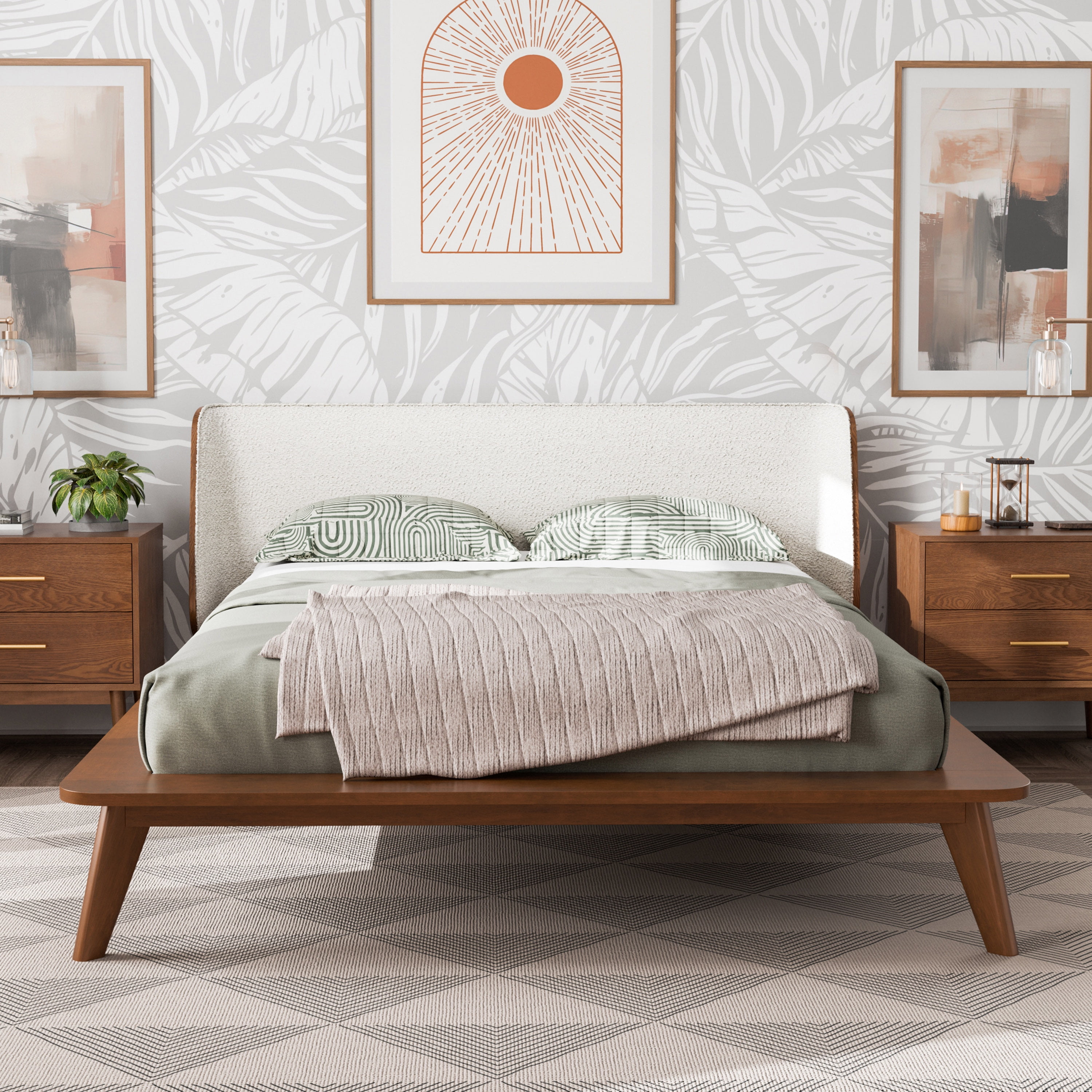 Furniture of America Erik Adult Queen Wingback Headboard Solid Wood Mattress Ready Bed, Walnut