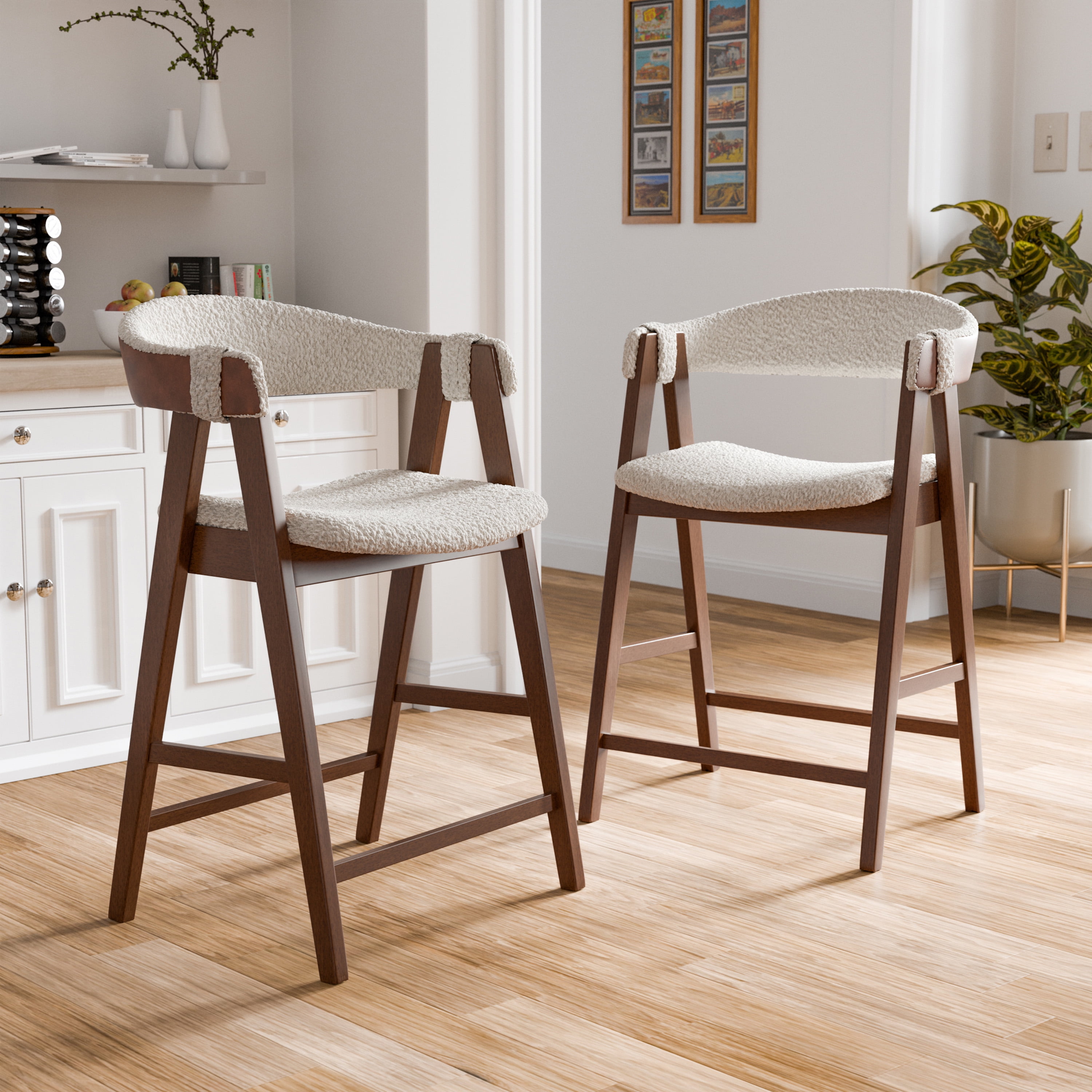 Furniture of America Erik Wingback Wood Counter Stools, Walnut and Beige (Set of 2)