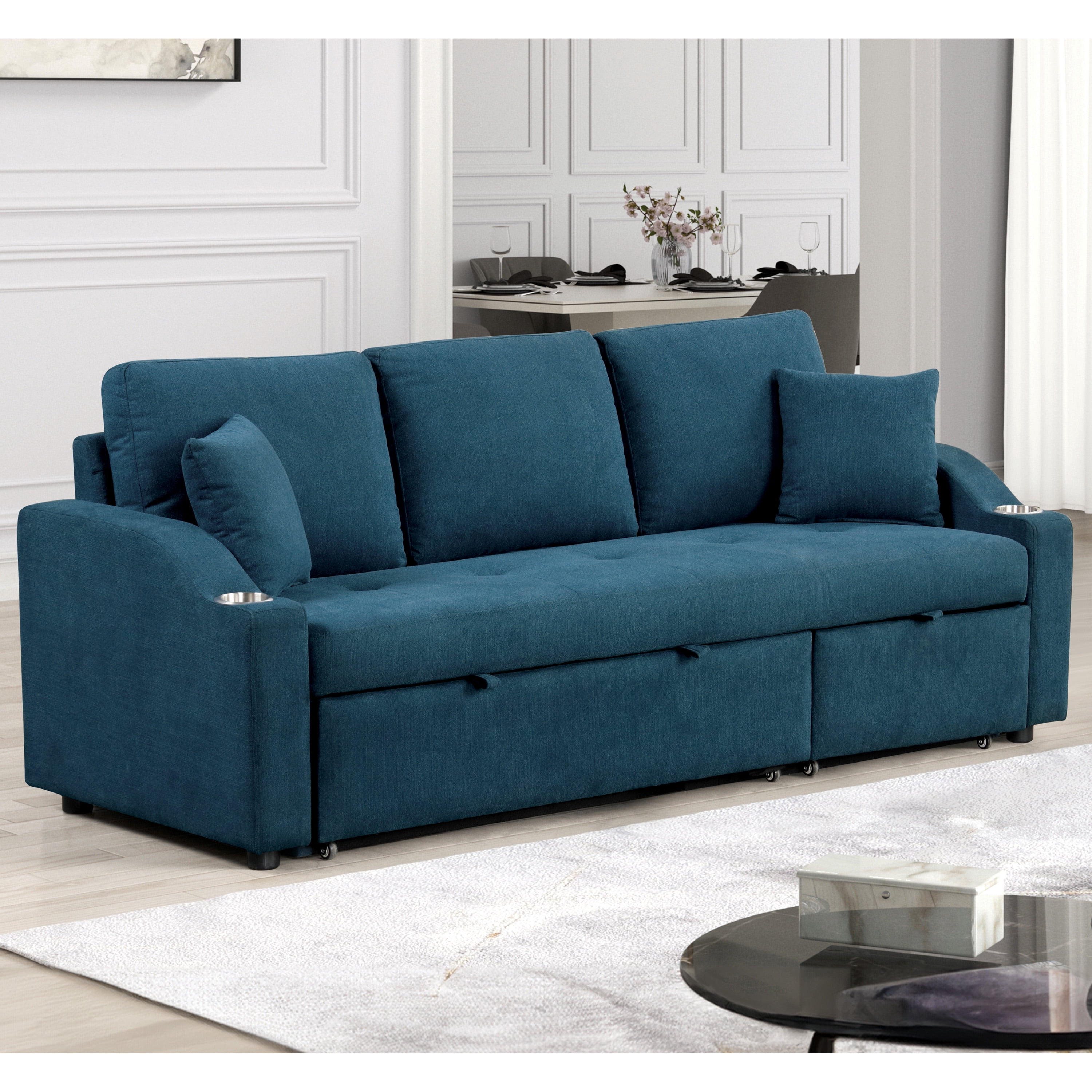 Furniture of America Eulalie Modern Upholstered Pull-out Sleeper Sofa, Blue