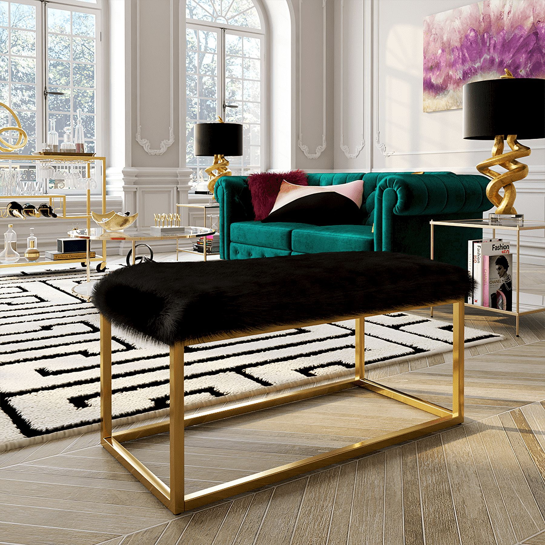 Furniture of America Euna II Faux Fur Contemporary Bedroom Bench, Black and Gold