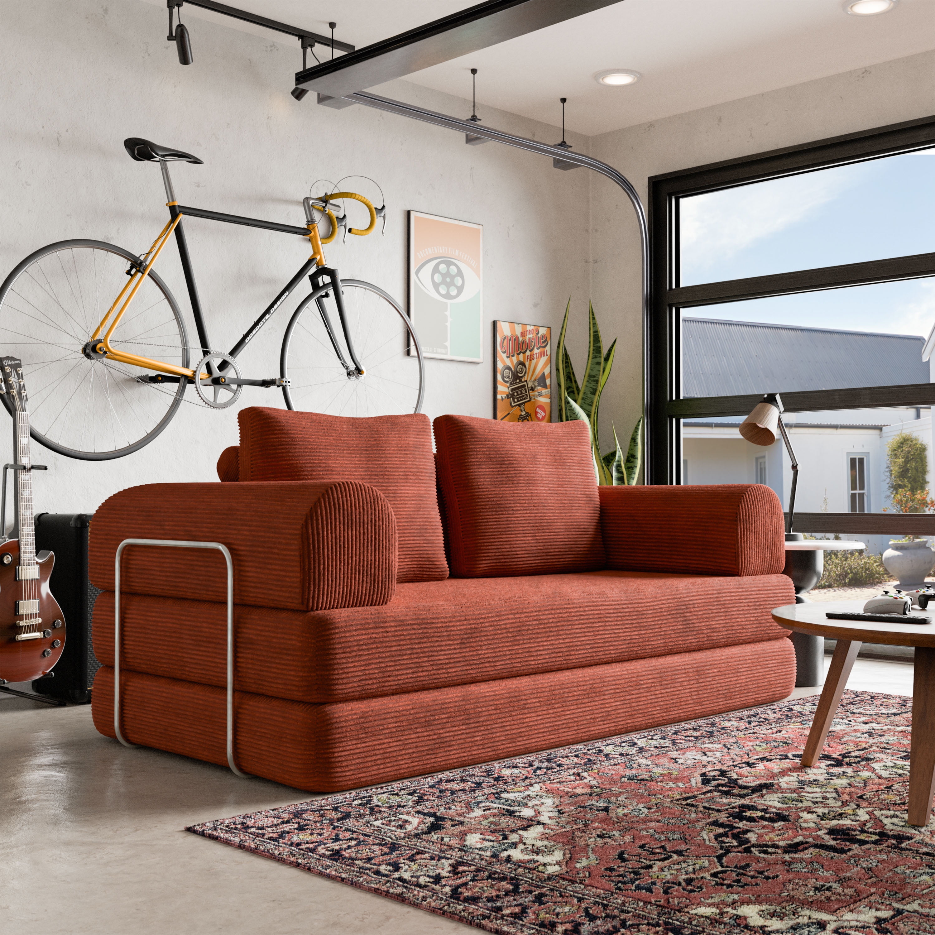 Furniture of America Everett Modern Chenille Multifunctional Compressed Sofa, Rustic Brown