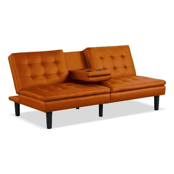 Furniture of America Fallein Orange Faux Leather Futon Sofa Bed with USB Ports