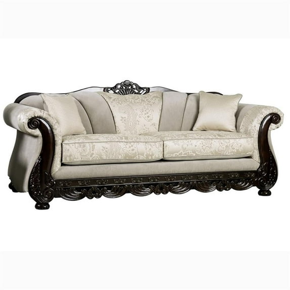 Furniture of America Faux Leather Eston Traditional Chenille Upholstered Sofa, Ivory