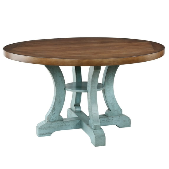 Furniture of America Feli Indoor Contemporary Round MDF Dining Table, Antique Light Blue/Dark Oak