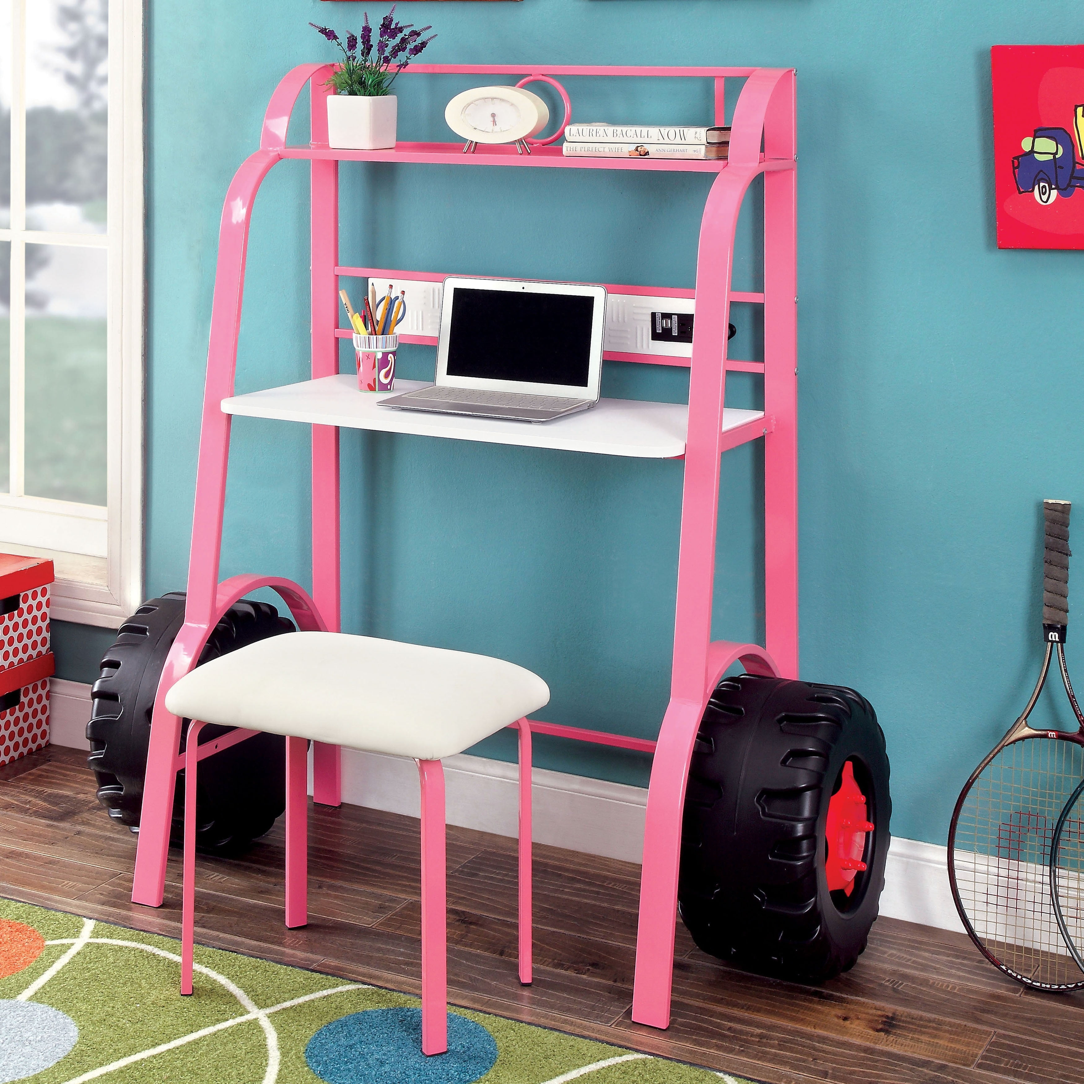 Pink Metal Writing Desk with White Faux Leather Stool and USB Ports