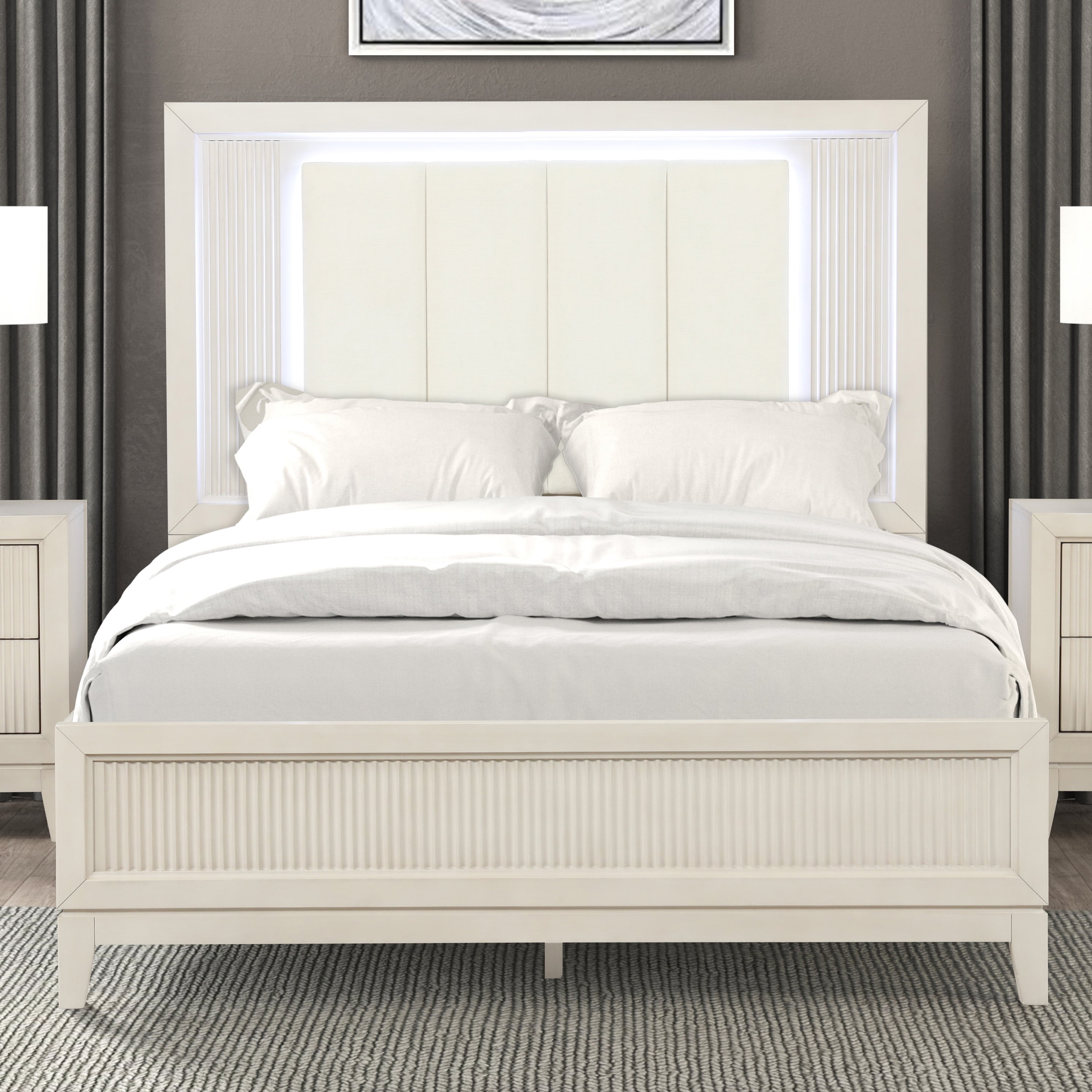 Furniture of America Fenton Solid Wood Queen Panel Bed with LED Light, Antique White