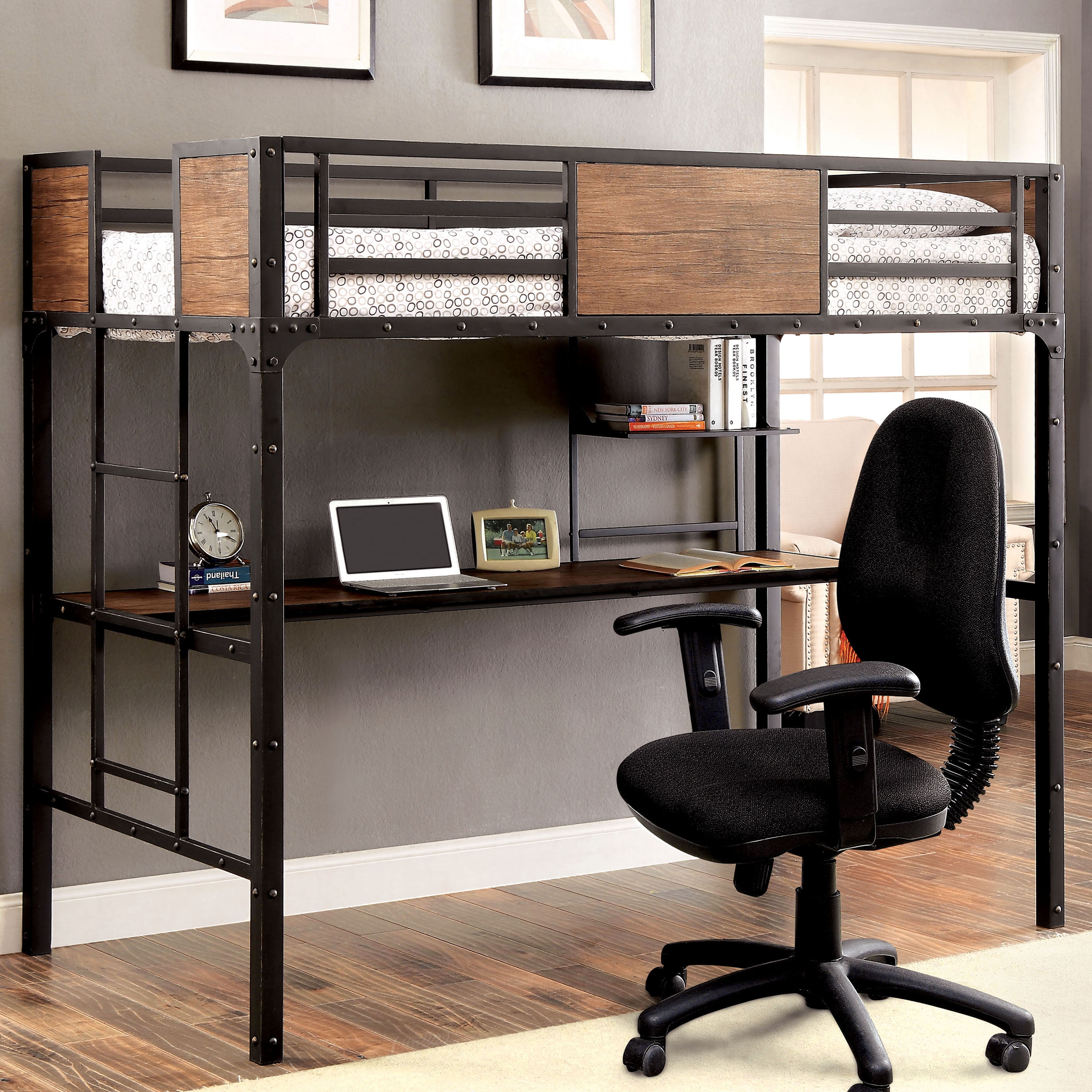 Furniture of America Finney Wood Loft Bed with Storage, Twin, Black