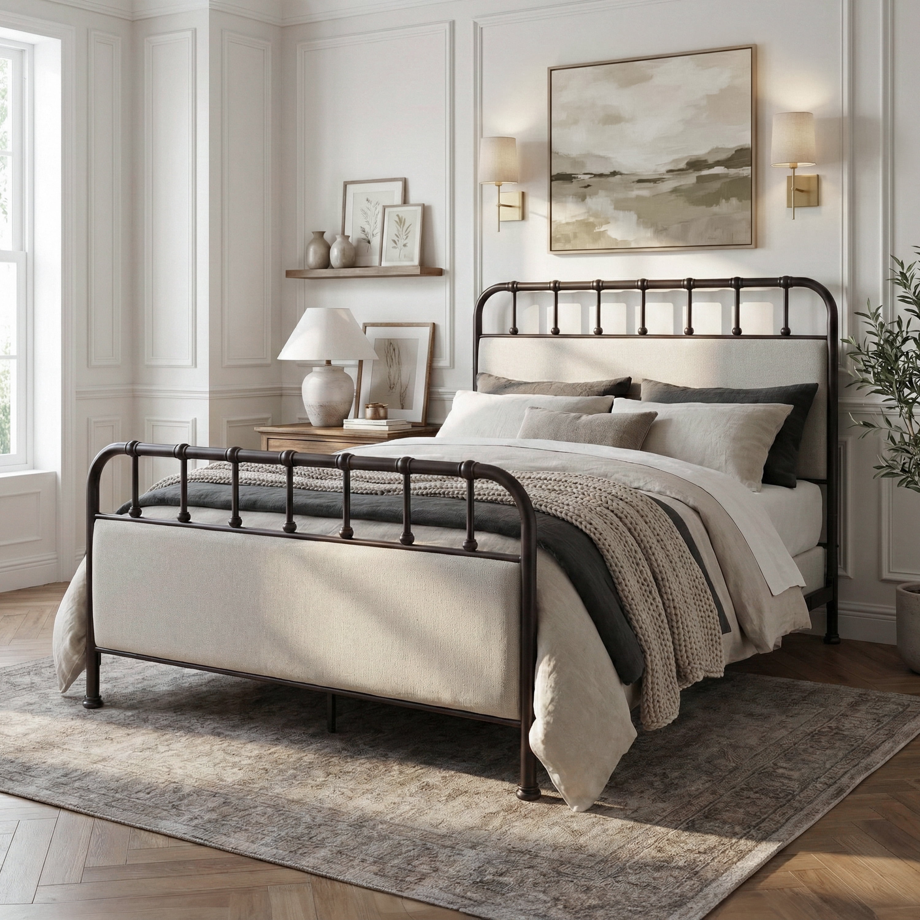 Furniture of America Florinda Metal Queen Panel Bed with Upholstered Headboard, Dark Copper