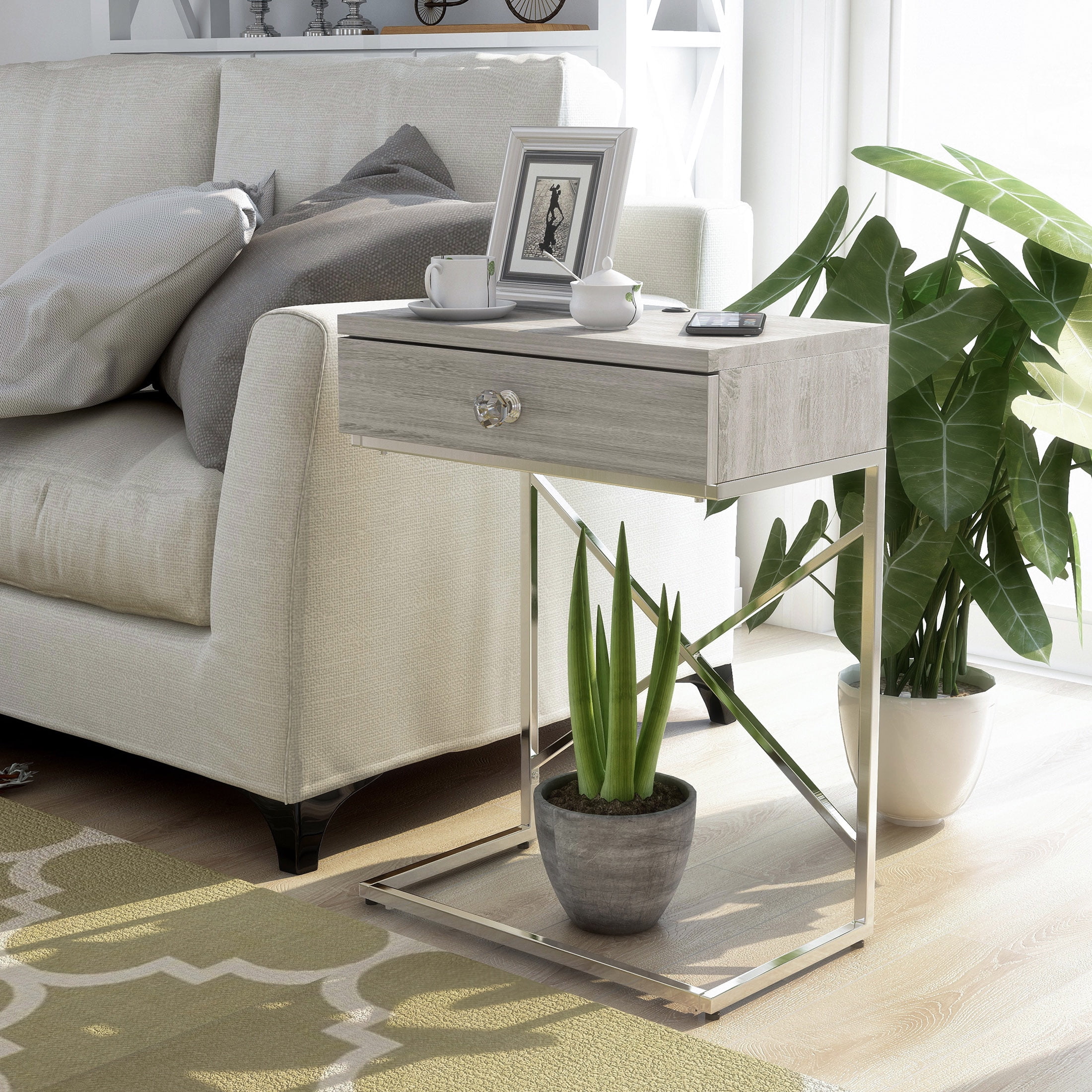 Furniture of America Fonda End Table with USB, Light Gray