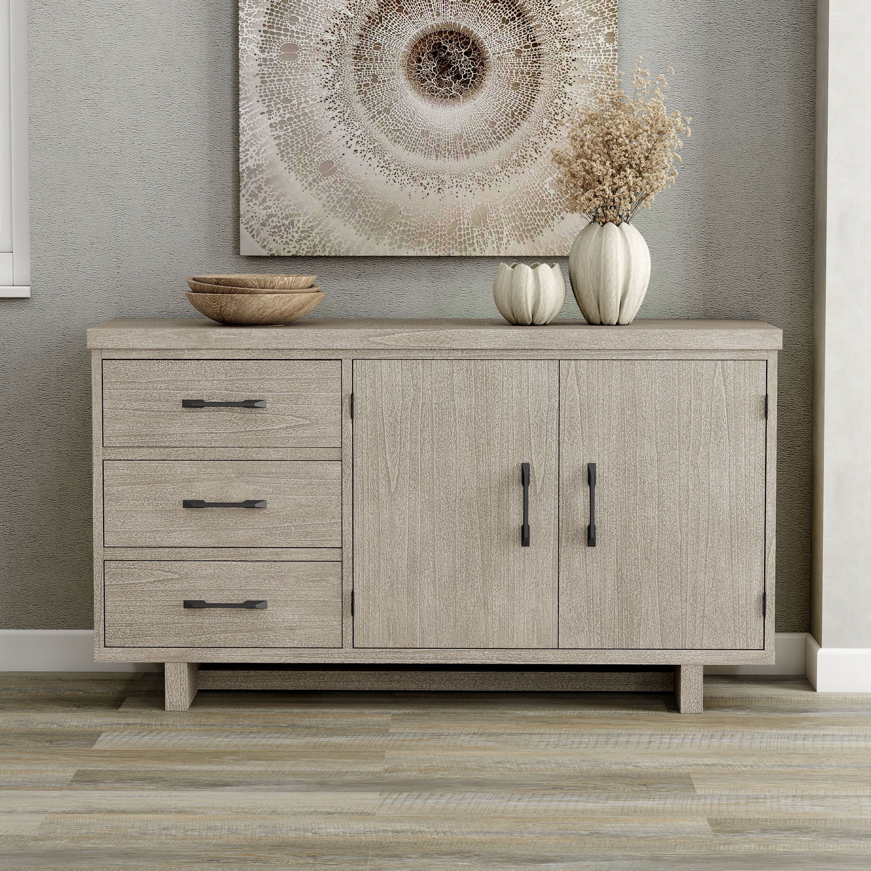 Natural Wood 60" Modern Farmhouse Server with Black Iron Handles
