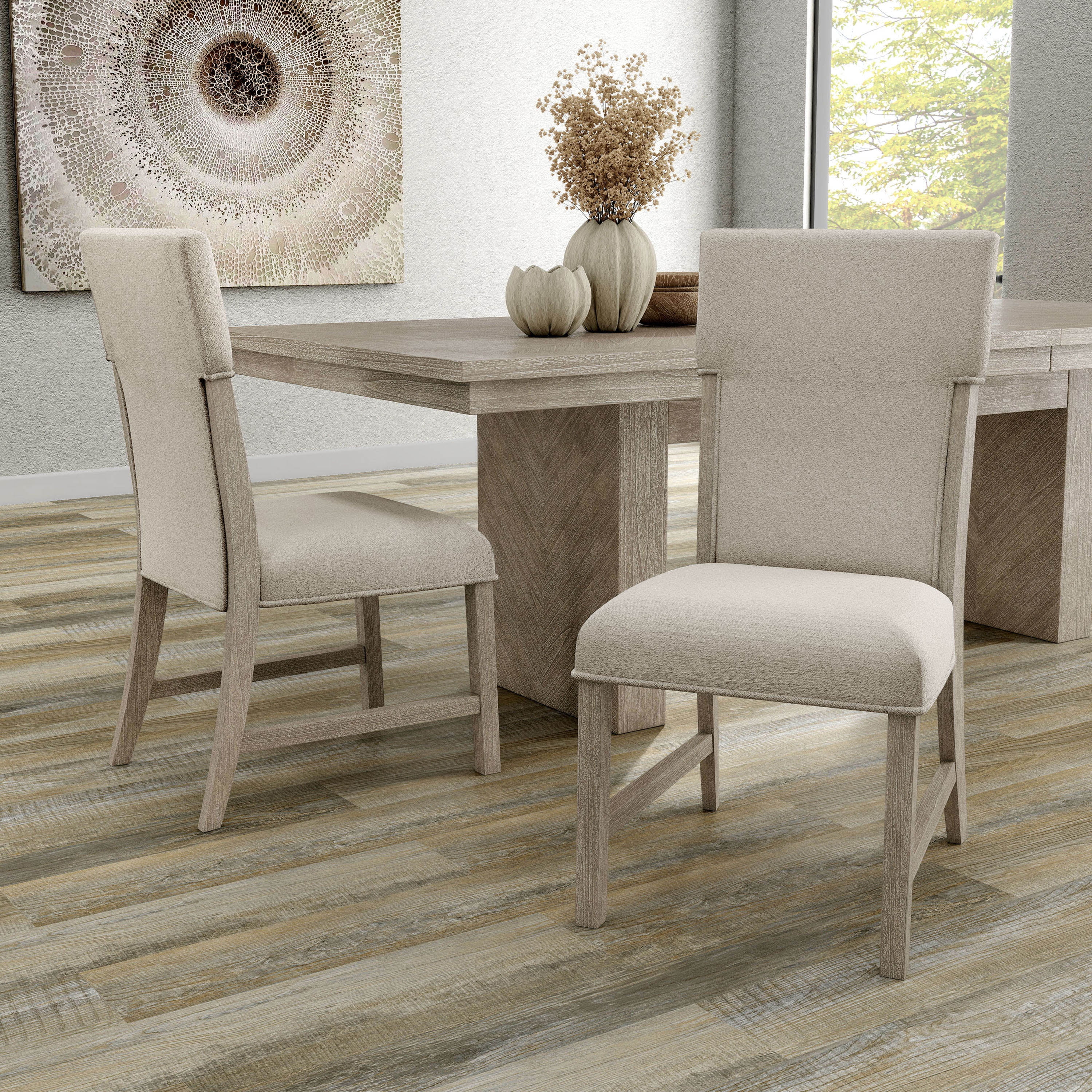 Natural Beige Upholstered Wood Side Chair Set