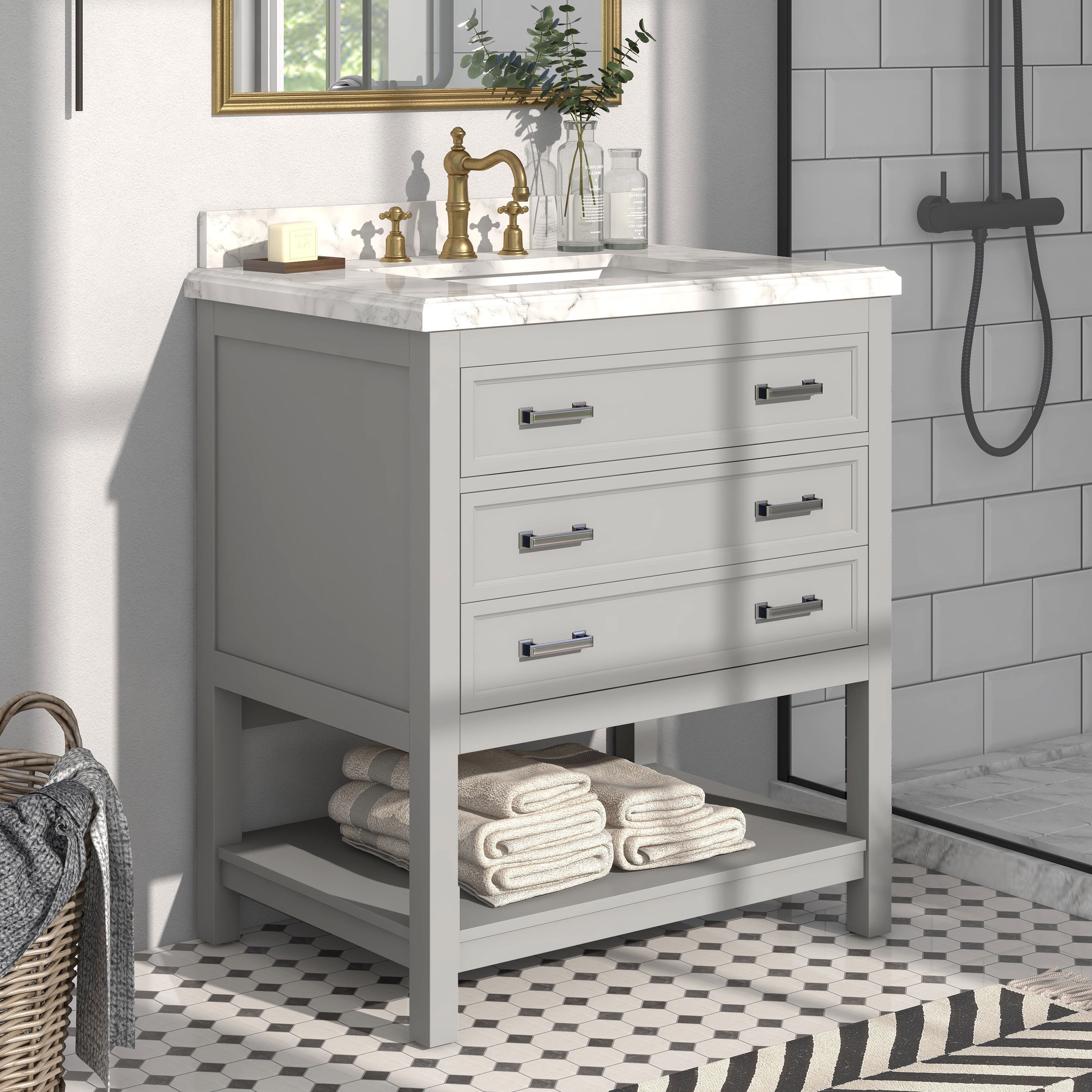 Furniture of America Freya 31" Gray Single Bathroom Vanity with White Carrera Marble Top and Undermount Sink