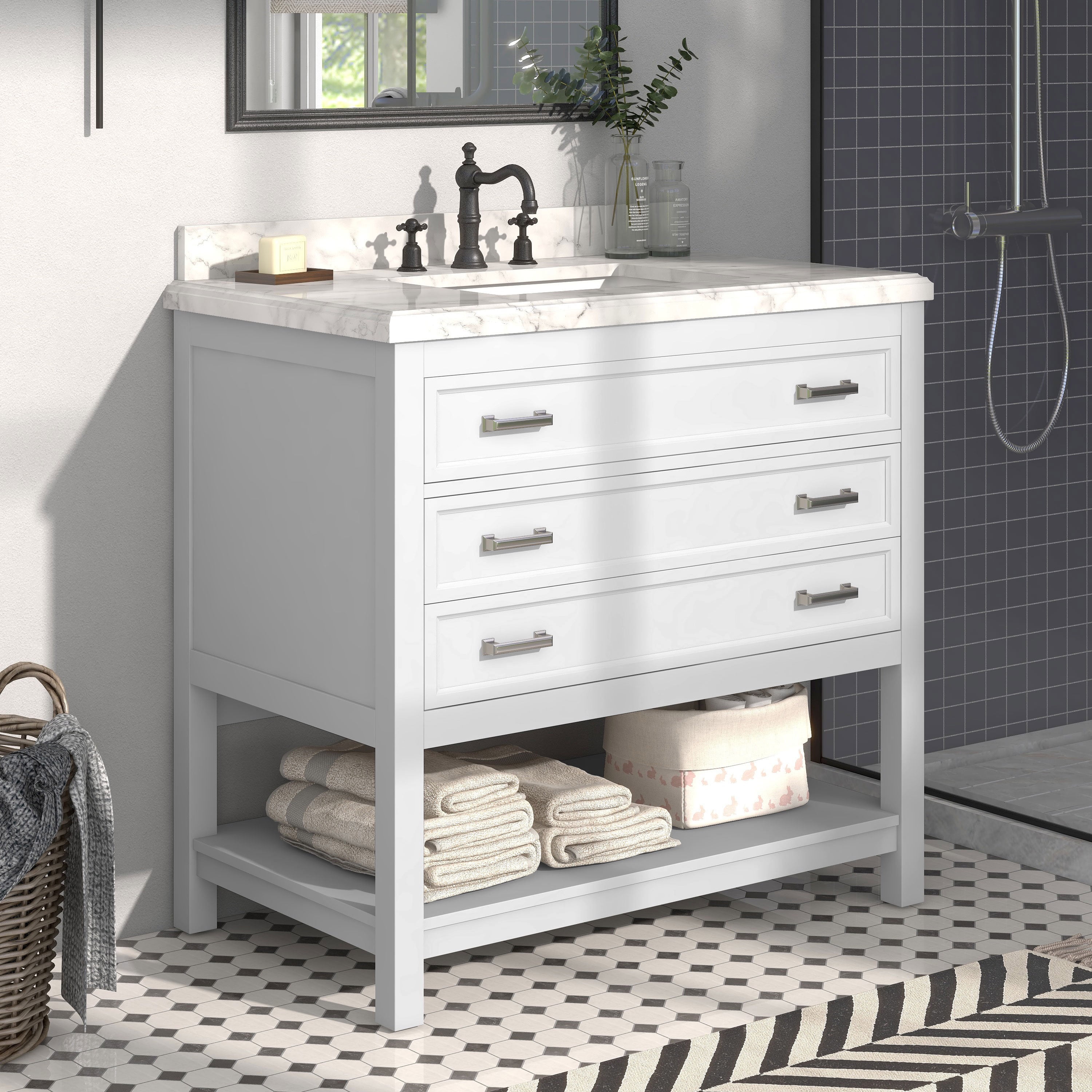 White Pine Wood Bathroom Vanity with Carrara Marble Top