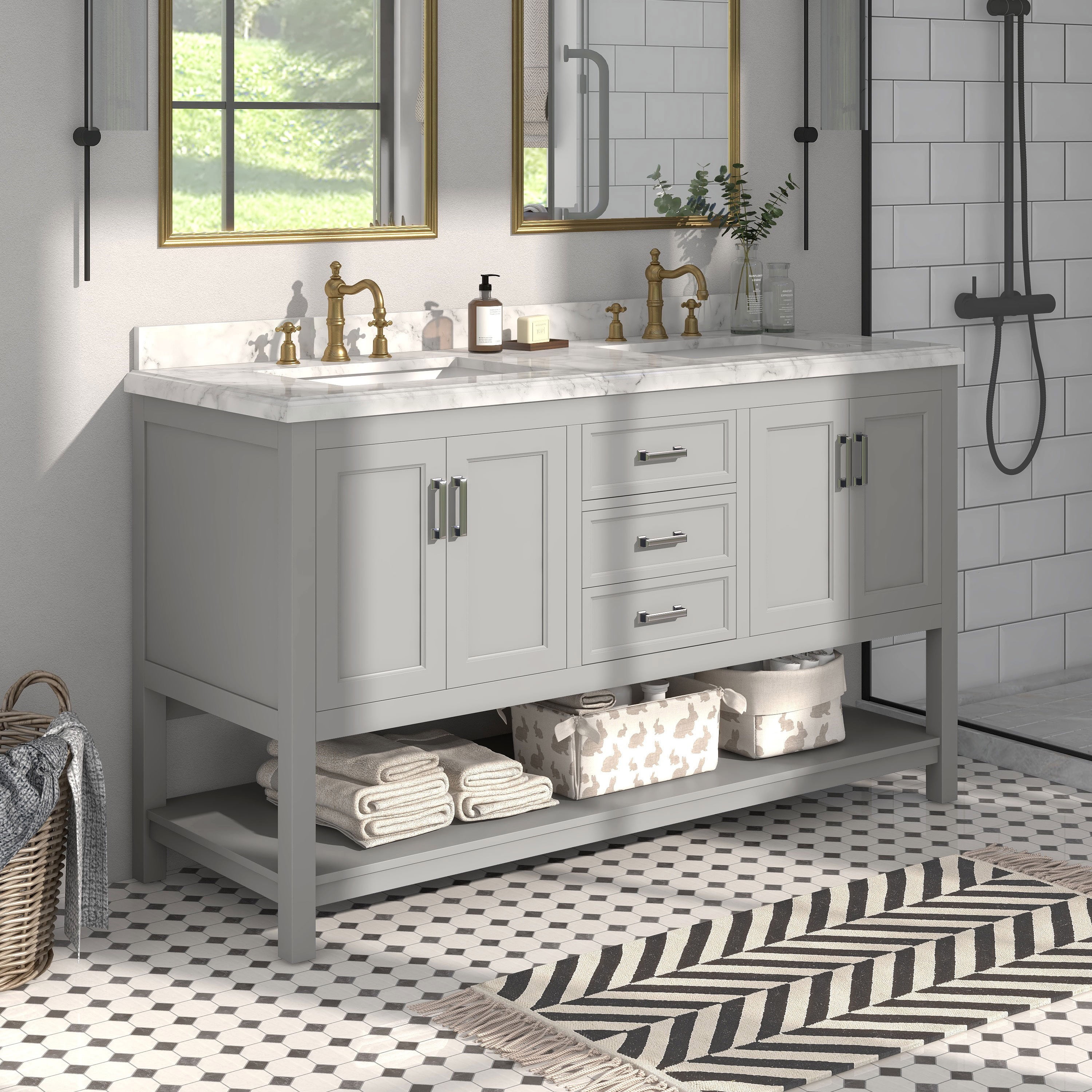 Furniture of America Freya 61" Gray Double Bathroom Vanity with White Carrera Marble Top and Undermount Sink