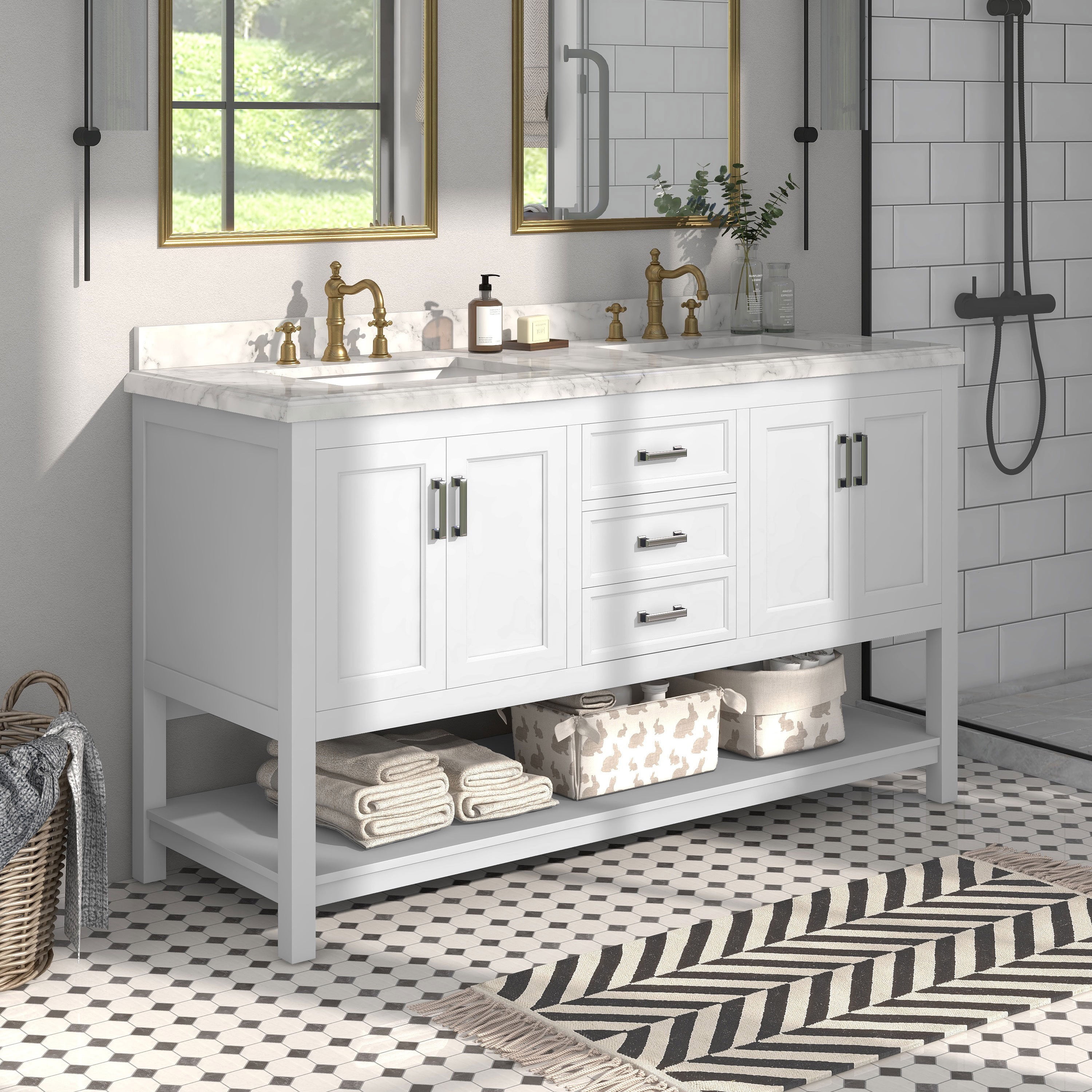 White Double Bathroom Vanity with Carrara Marble Top and Undermount Sinks