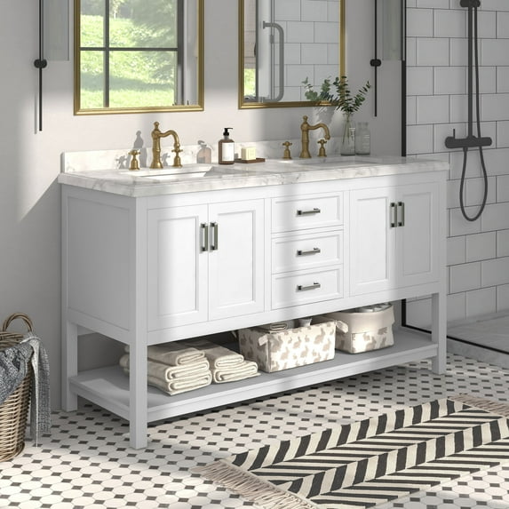 Furniture of America Freya 61" White Double Bathroom Vanity with White Carrera Marble Top and Undermount Sink