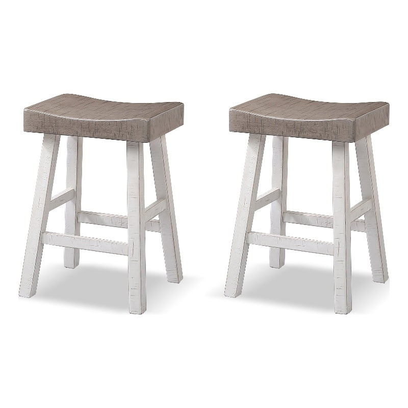White and Gray Solid Wood Saddle Style Backless Stools, 24-inch Height