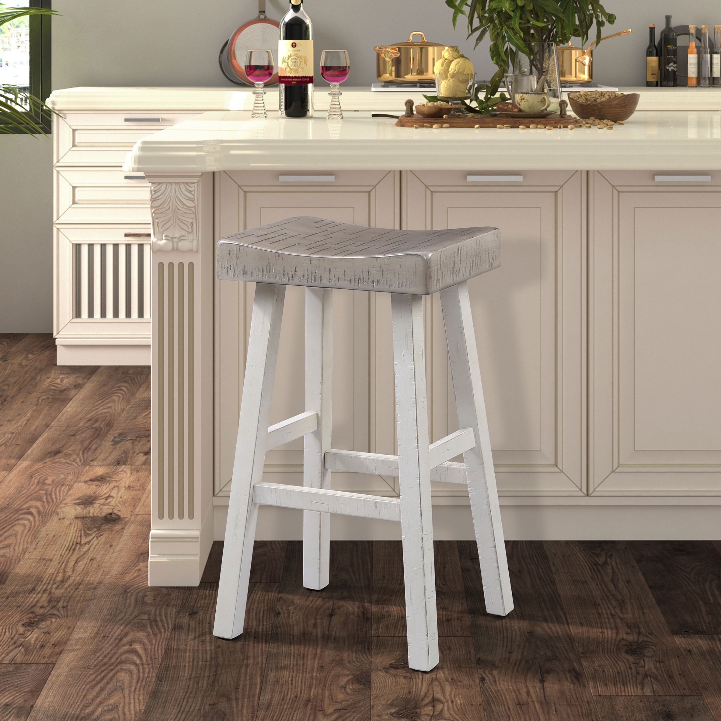 Furniture of America Quyra Solid Wood Indoor Saddle 30.5-inch Bar Stools, Gray and White (Set of 2)