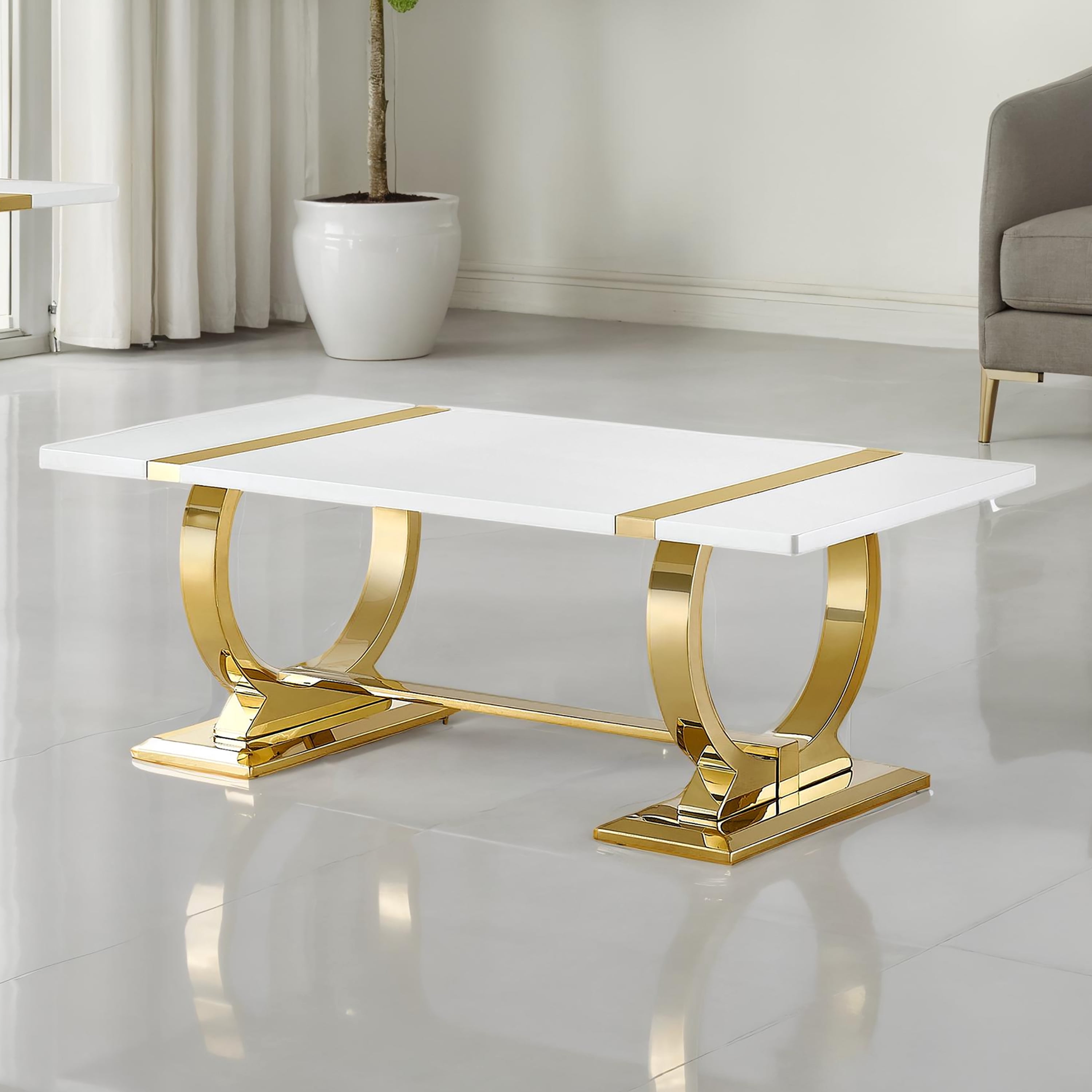 Furniture of America Gaius Glam Rectangle Coffee Table with O-Shaped Stainless Steel Trestle Base, Black and Gold