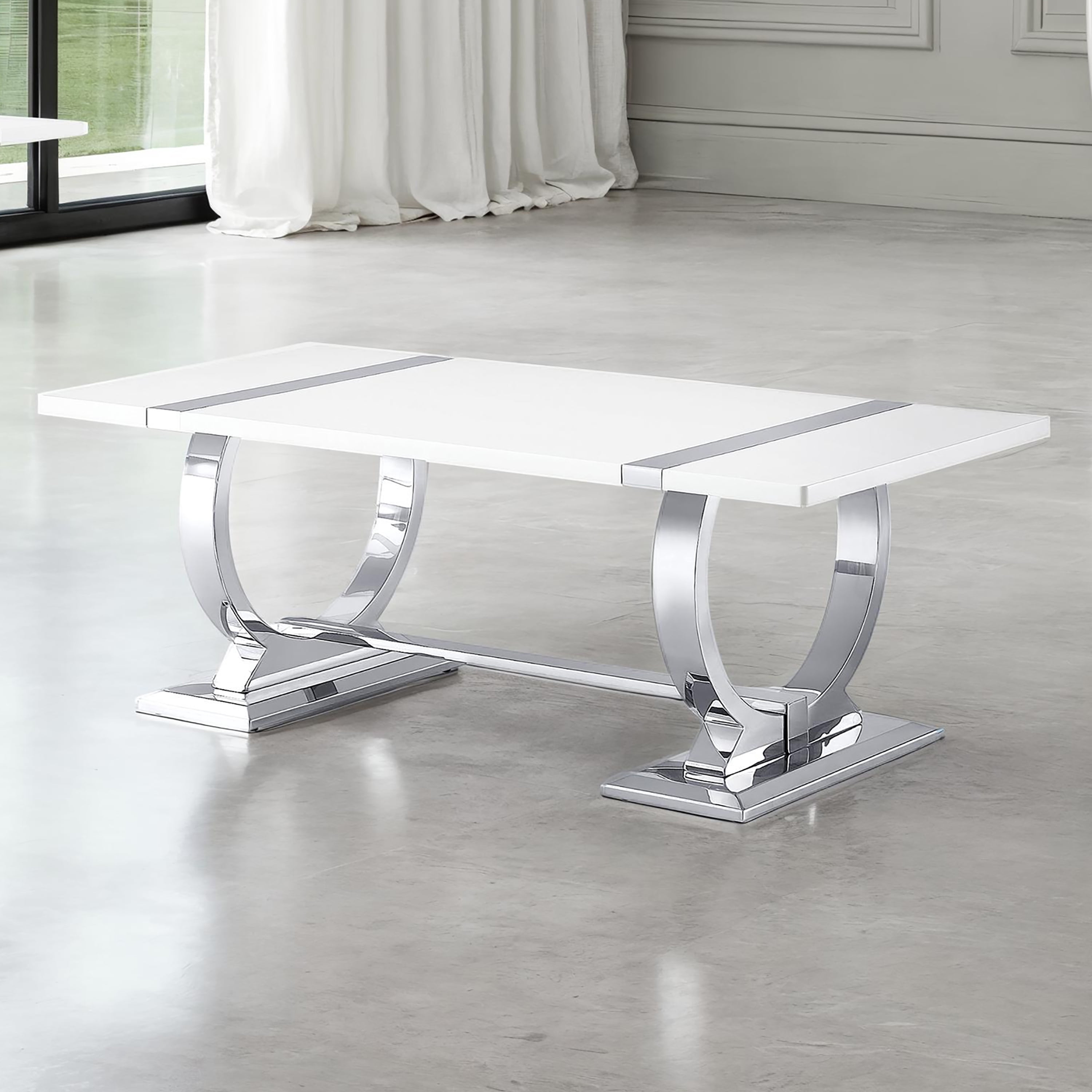 Furniture of America Gaius Glam Rectangle Coffee Table with O-Shaped Stainless Steel Trestle Base, Black and Silver