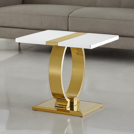 Furniture of America Gaius Glam Rectangle End Table with O-Shaped Stainless Steel Trestle Base, Black and Gold
