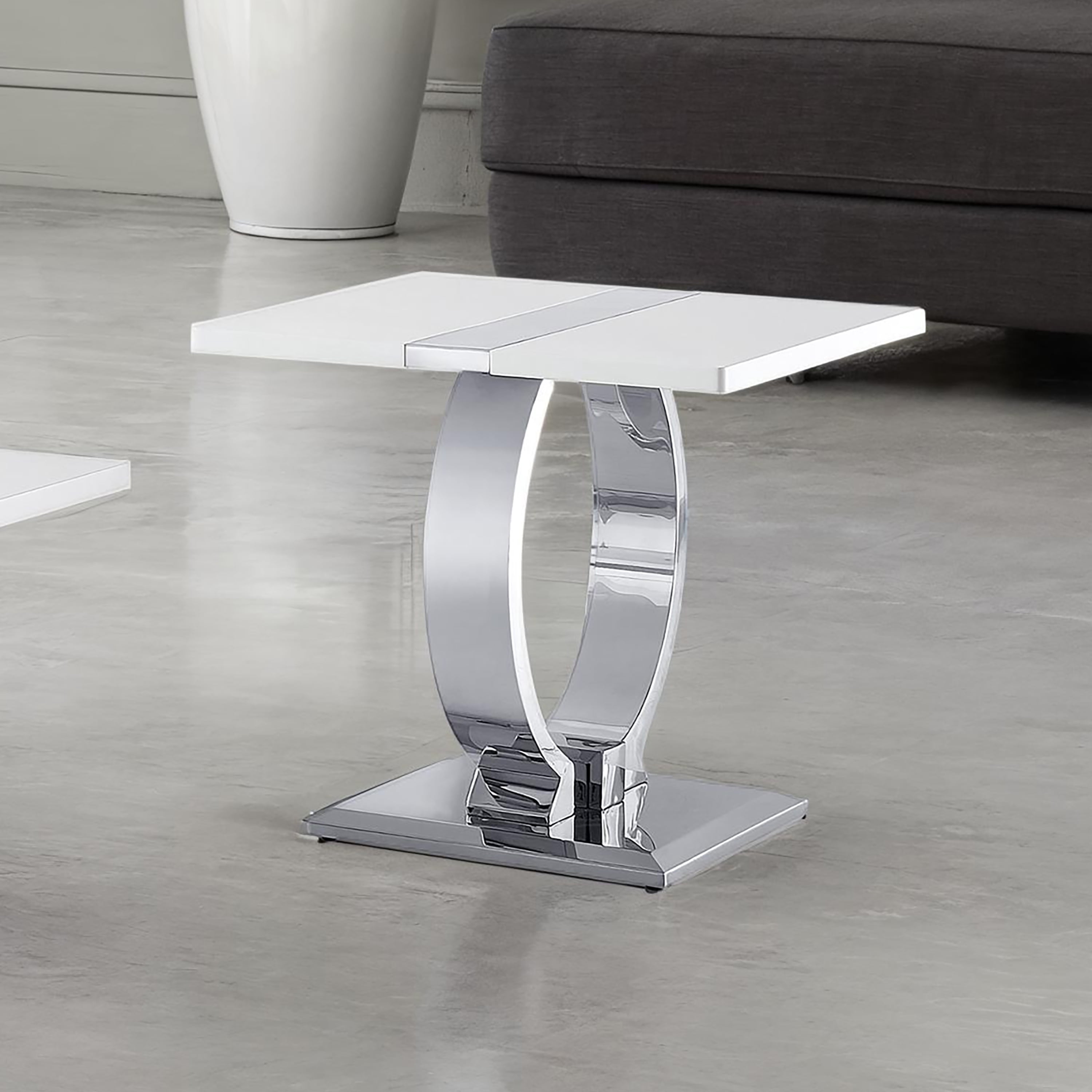 Furniture of America Gaius Glam Rectangle End Table with O-Shaped Stainless Steel Trestle Base, Black and Silver