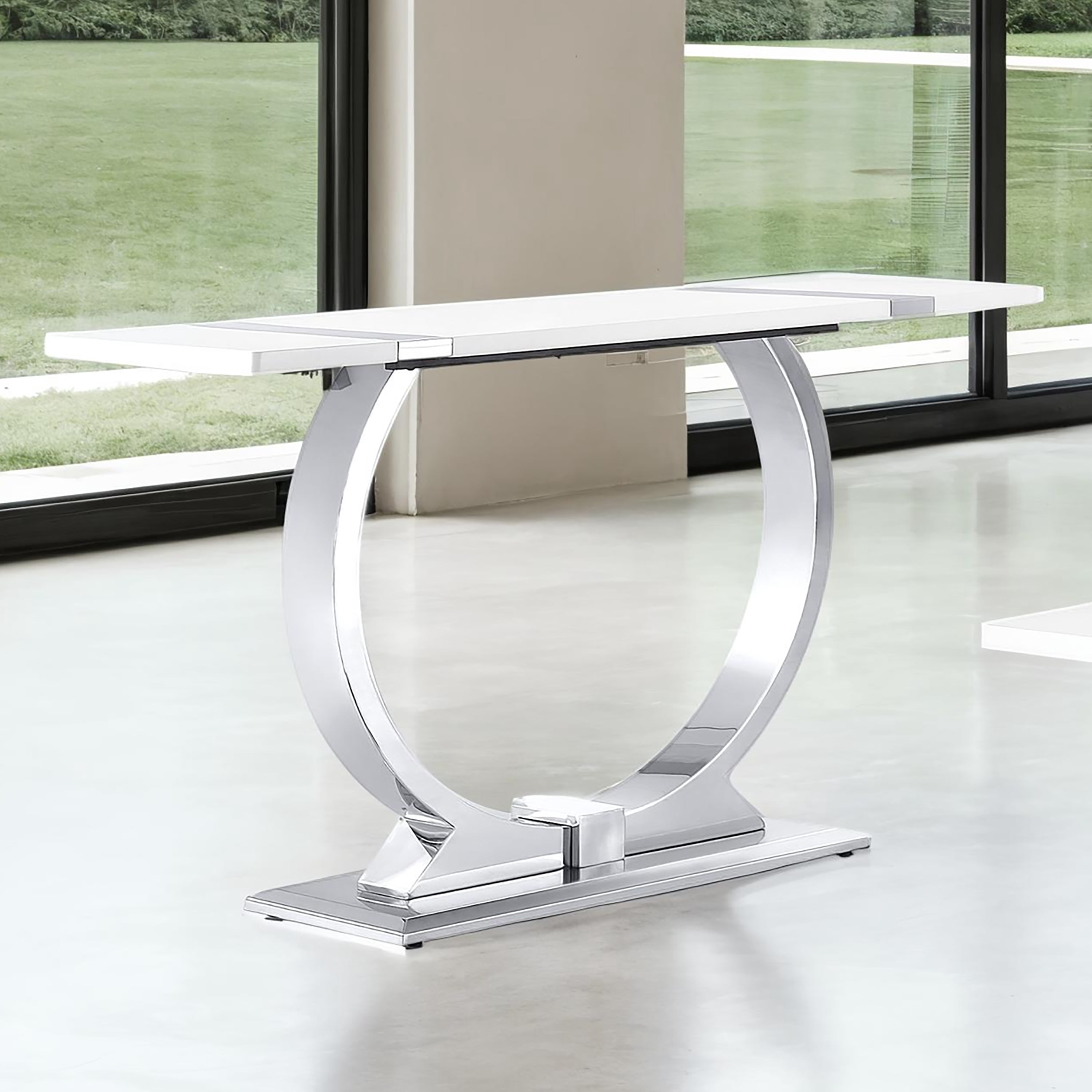 Furniture of America Gaius Glam Rectangle Sofa Table with O-Shaped Stainless Steel Trestle Base, Black and Silver