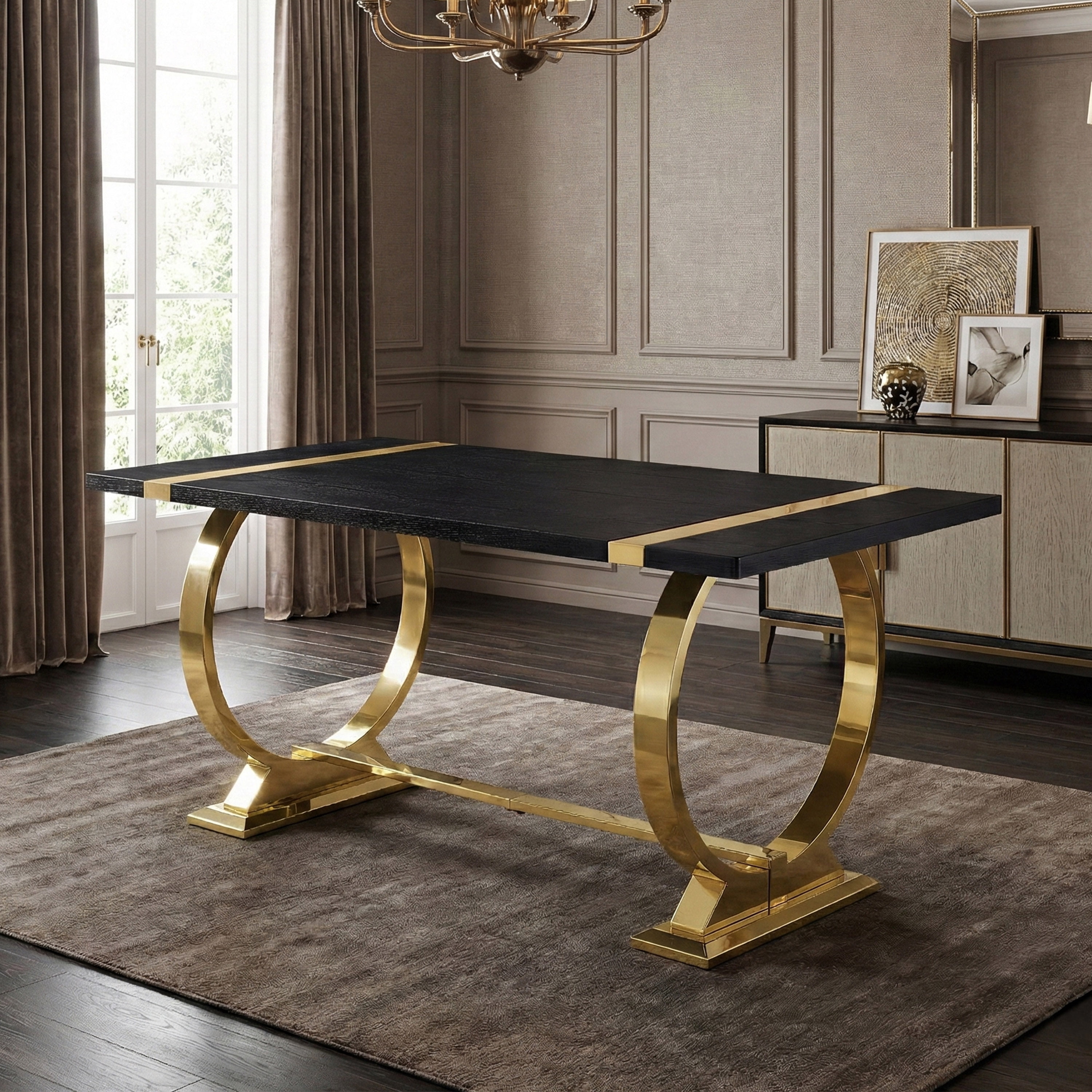 Furniture of America Gaius Glam Wood 60" Rectangle Dining Table with O-Shaped Stainless Steel Trestle Base, Black and Gold