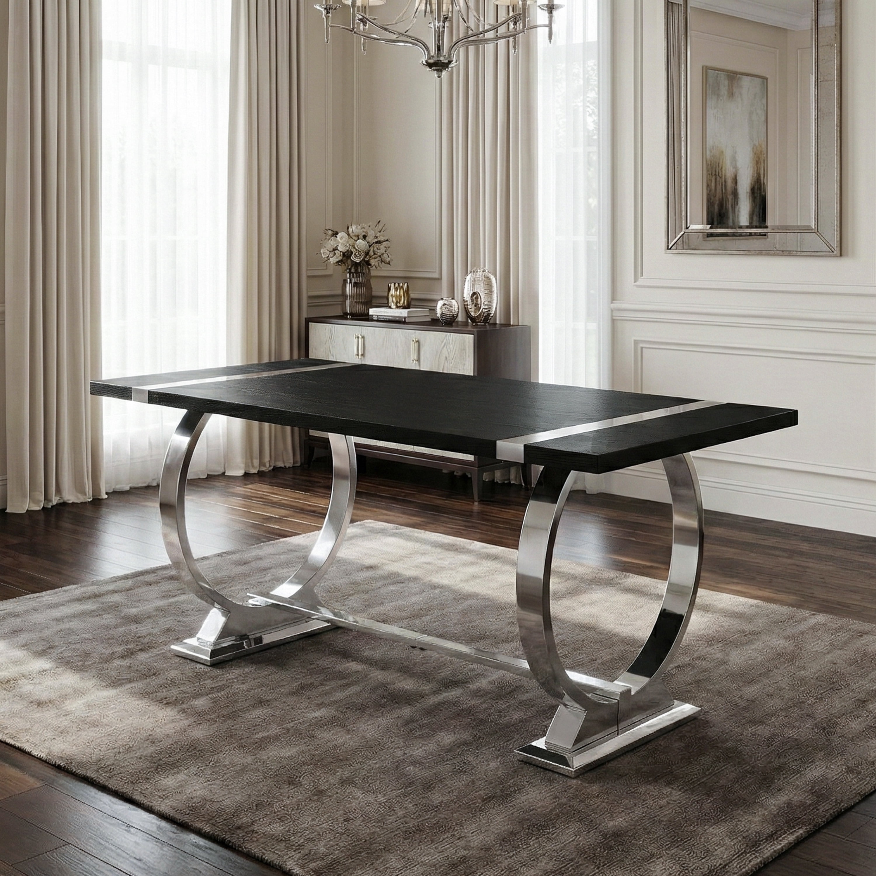 Furniture of America Gaius Glam Wood 60" Rectangle Dining Table with O-Shaped Stainless Steel Trestle Base, Black and Silver